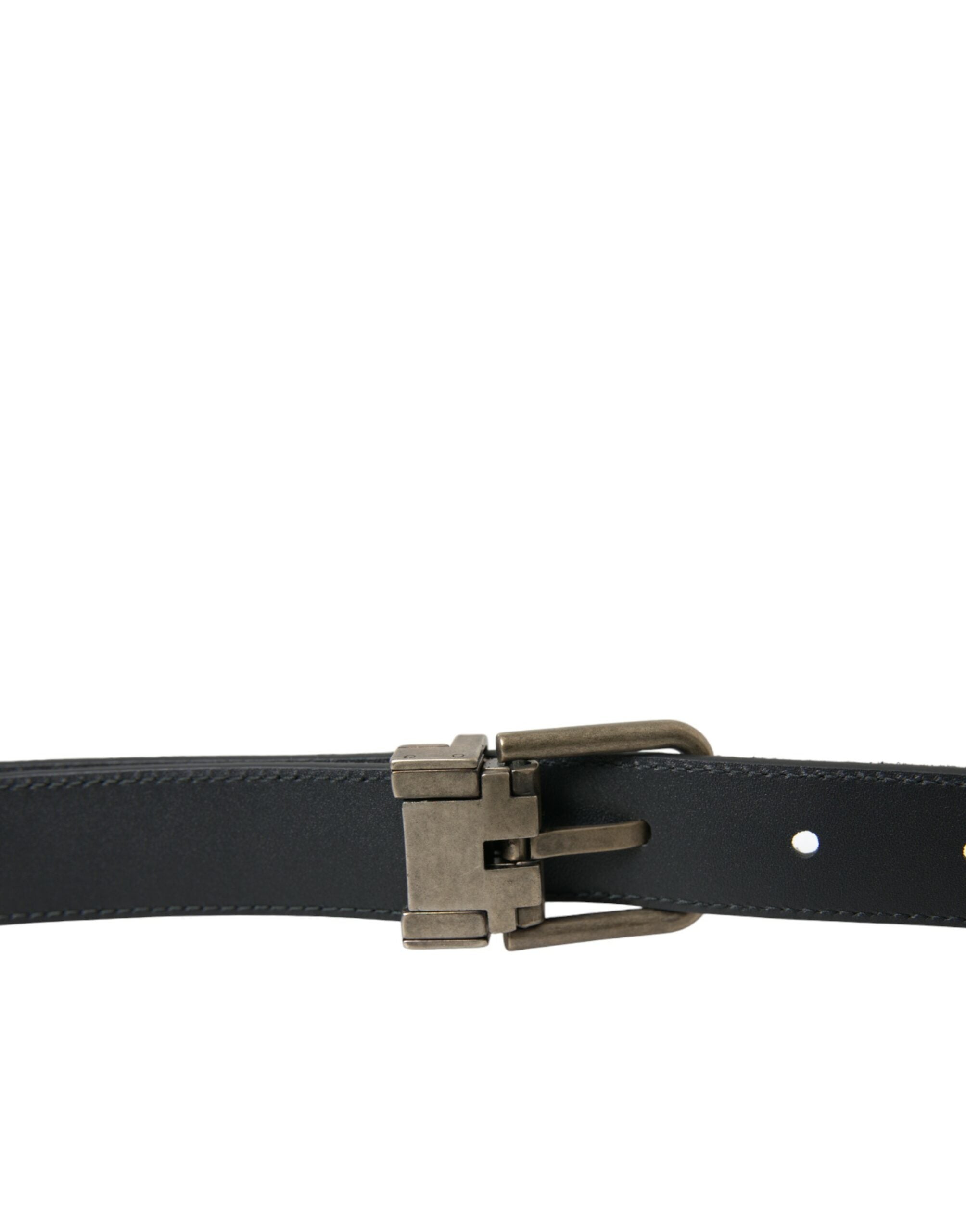 Black goat leather belt with antique metal buckle from Dolce & Gabbana, showcasing the detailed leather and vintage-style buckle.