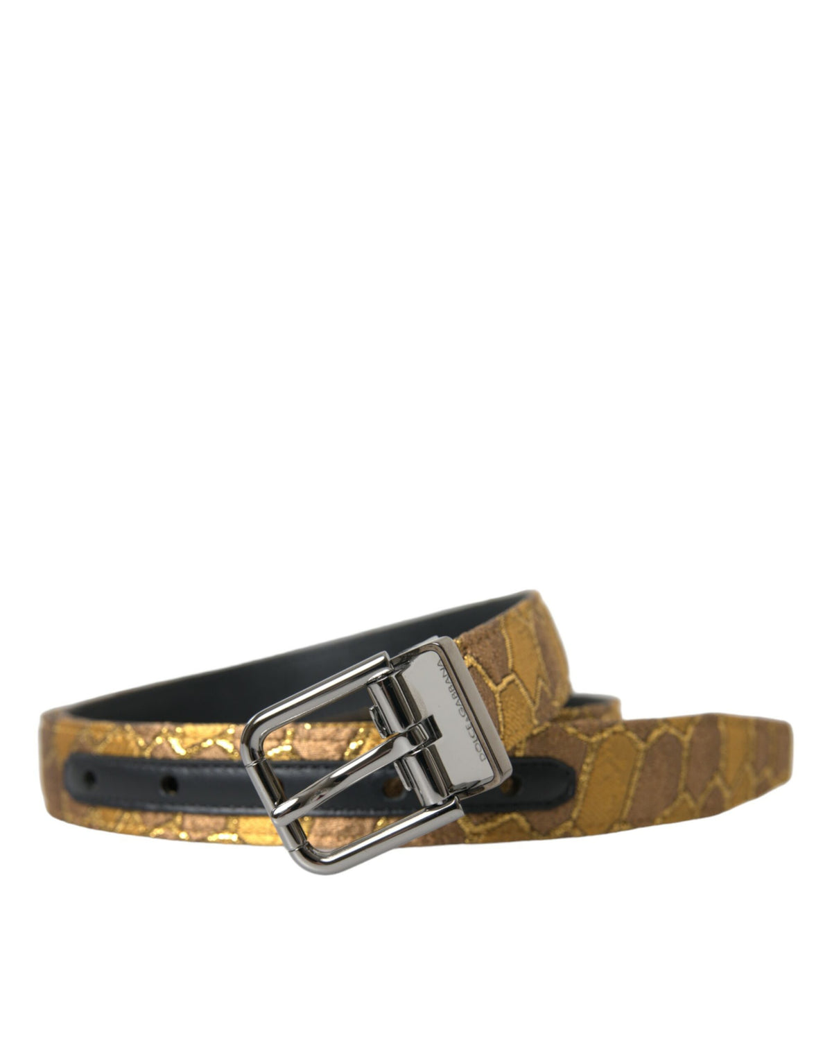 Gold leather jacquard belt with silver metal buckle from Dolce & Gabbana, featuring intricate woven design.