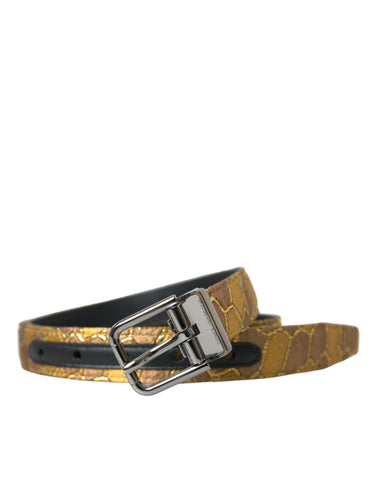 Gold leather jacquard belt with silver metal buckle from Dolce & Gabbana, featuring intricate woven design.