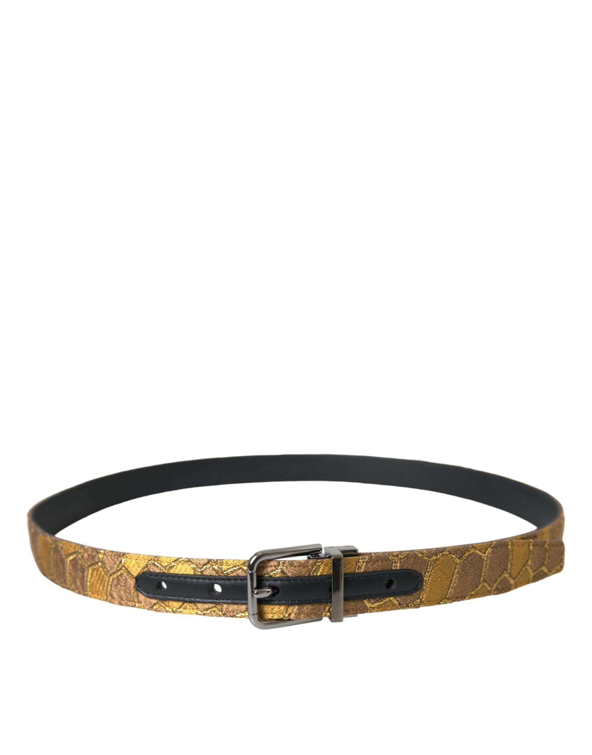 Dolce & Gabbana gold leather jacquard belt with silver metal buckle, stylish accessory with intricate pattern and luxurious finish.