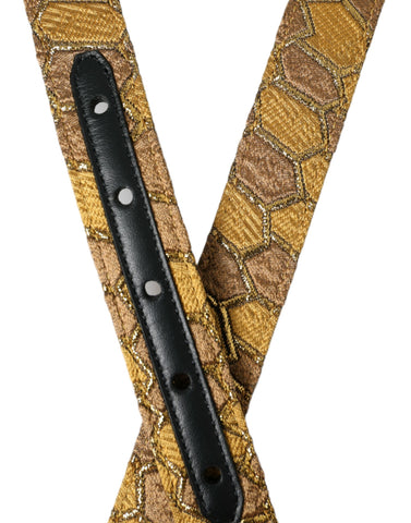 Gold leather jacquard belt with silver metal buckle by Dolce & Gabbana, featuring intricate woven pattern and stylish design.