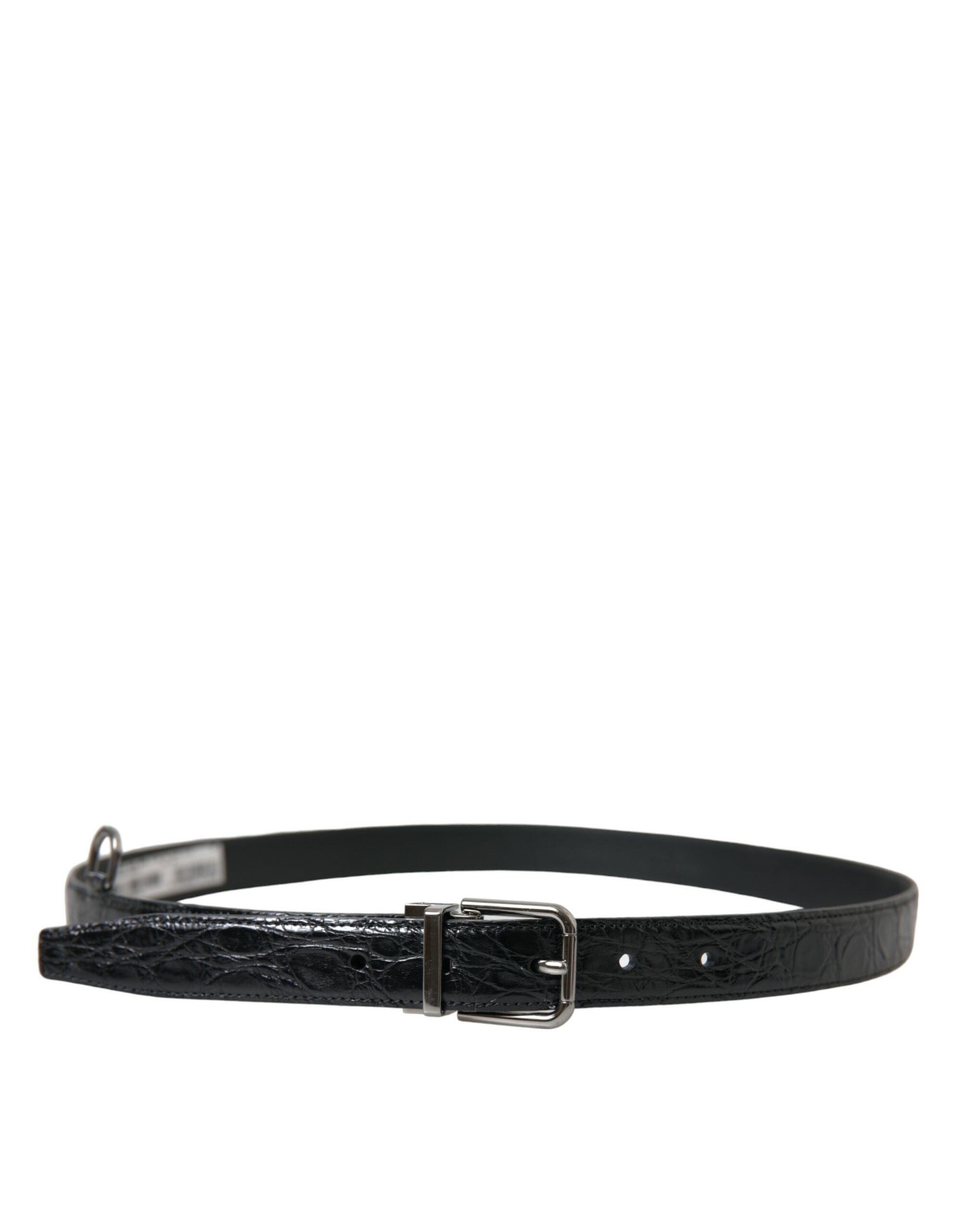 Black leather belt with silver metal buckle from Dolce & Gabbana, featuring a sleek, stylish design.