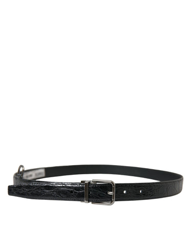 Black leather belt with silver metal buckle from Dolce & Gabbana, featuring a sleek, stylish design.