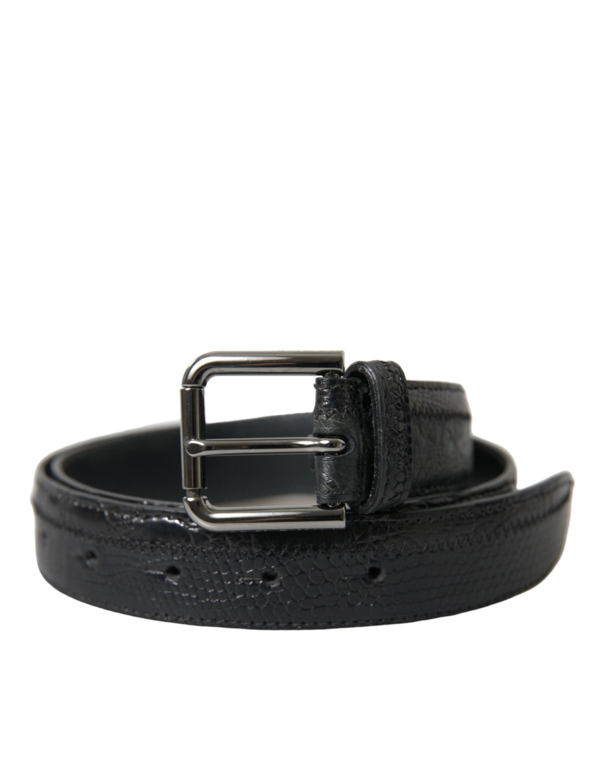 Black exotic leather belt with silver metal buckle, by Dolce & Gabbana, featuring textured leather and sleek metallic accents.