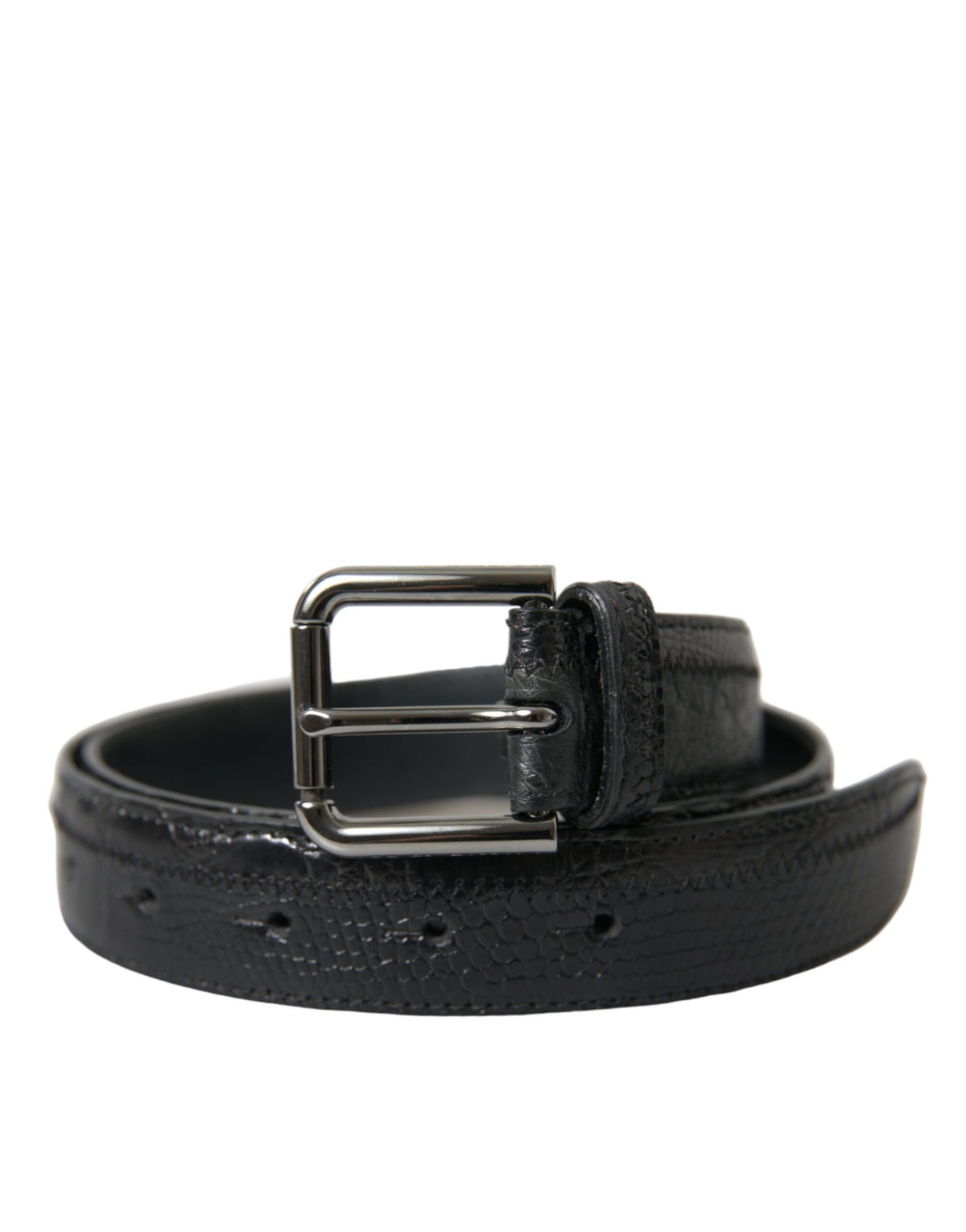 Black exotic leather belt with silver metal buckle, by Dolce & Gabbana, featuring textured leather and sleek metallic accents.