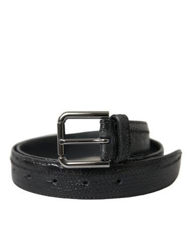 Black exotic leather belt with silver metal buckle, by Dolce & Gabbana, featuring textured leather and sleek metallic accents.