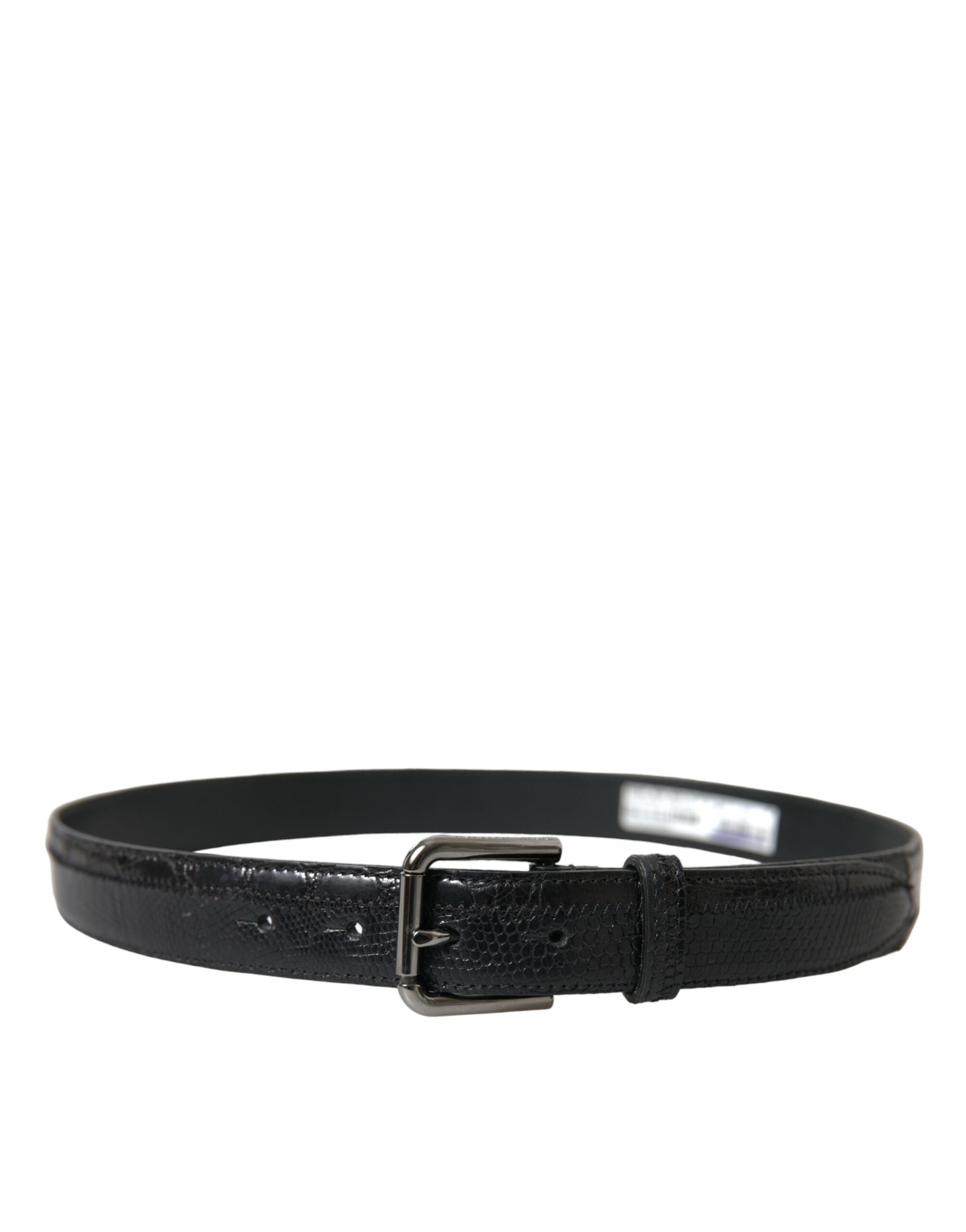Black exotic leather belt with a silver metal buckle by Dolce & Gabbana, showcasing the textured leather and sleek buckle design.