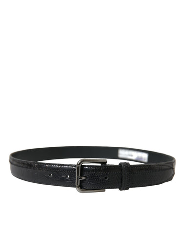 Black exotic leather belt with a silver metal buckle by Dolce & Gabbana, showcasing the textured leather and sleek buckle design.