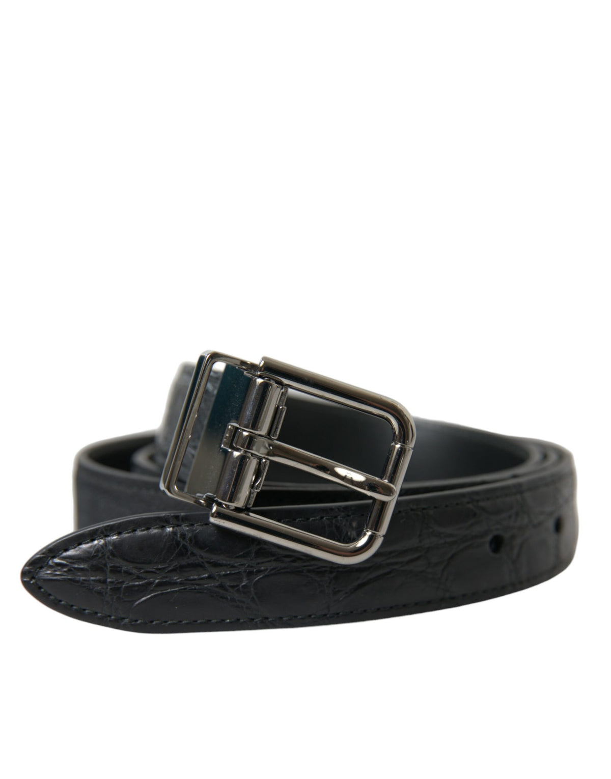 Black leather belt with silver metal buckle from Dolce & Gabbana, featuring a sleek, stylish design.