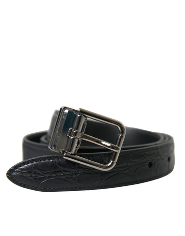 Black leather belt with silver metal buckle from Dolce & Gabbana, featuring a sleek, stylish design.