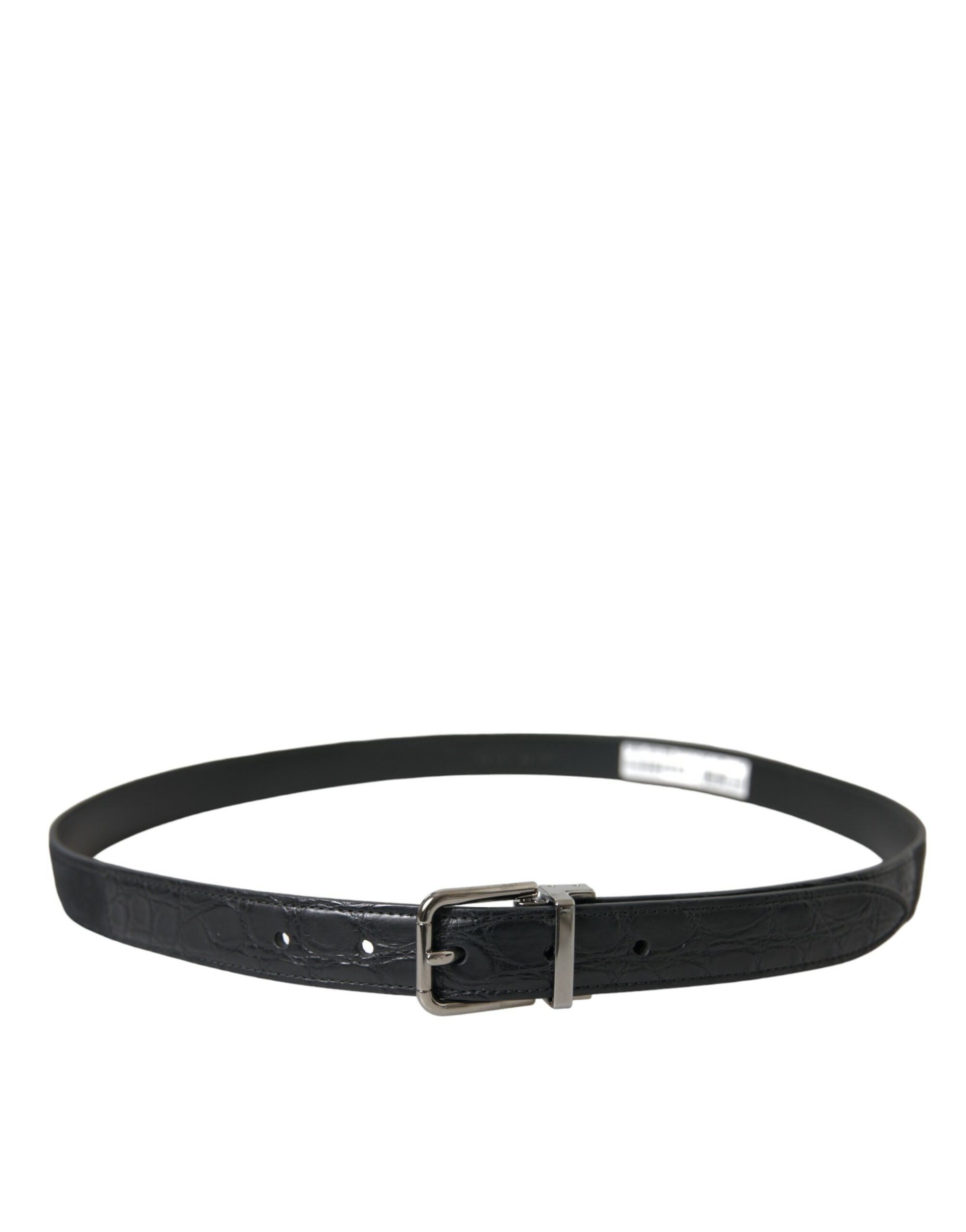 Black leather Dolce & Gabbana belt with silver metal buckle, stylish accessory featuring sleek design and adjustable fit.