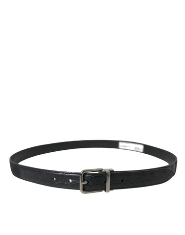 Black leather Dolce & Gabbana belt with silver metal buckle, stylish accessory featuring sleek design and adjustable fit.