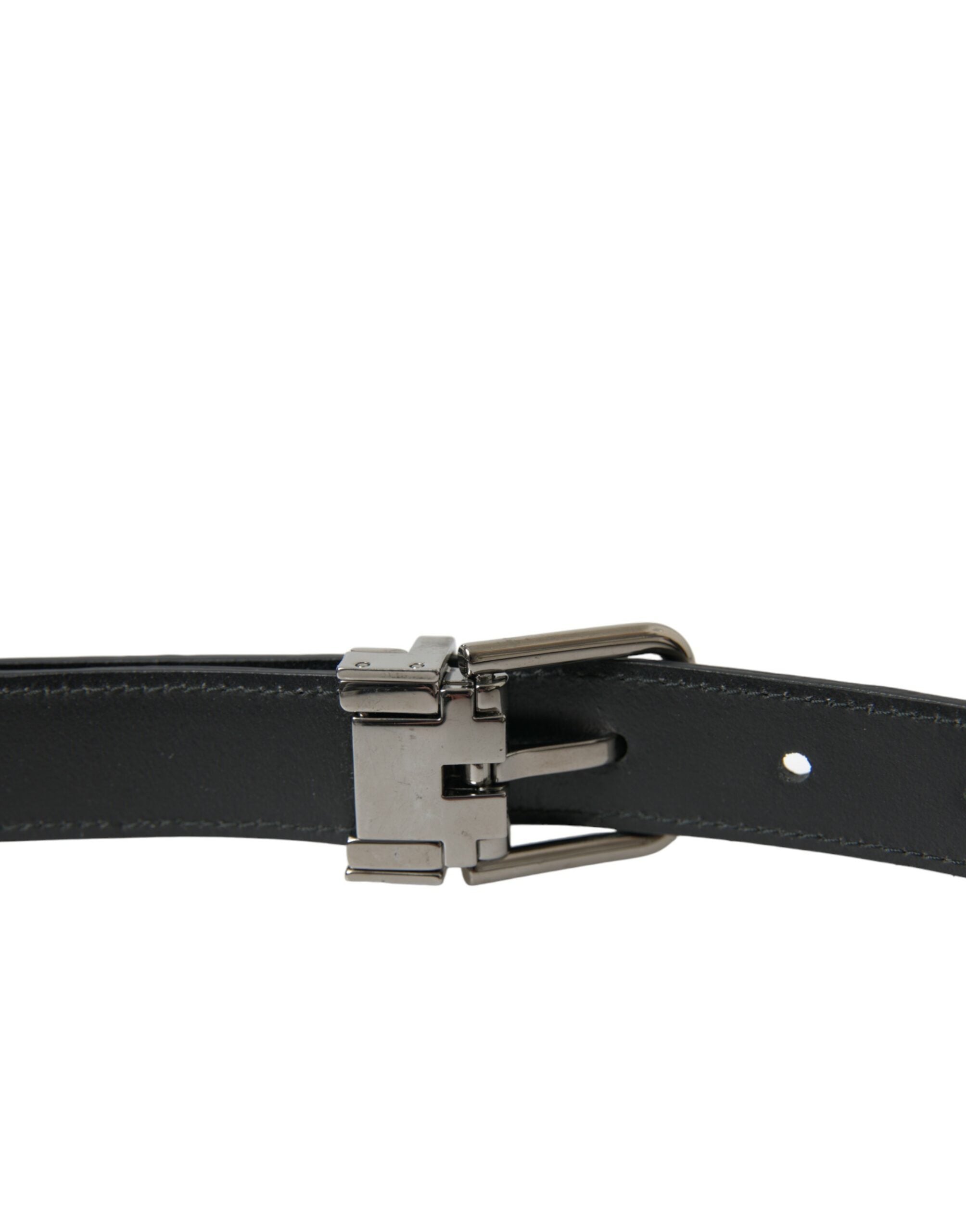 Black leather belt with silver metal buckle from Dolce & Gabbana, featuring a sleek and stylish design.