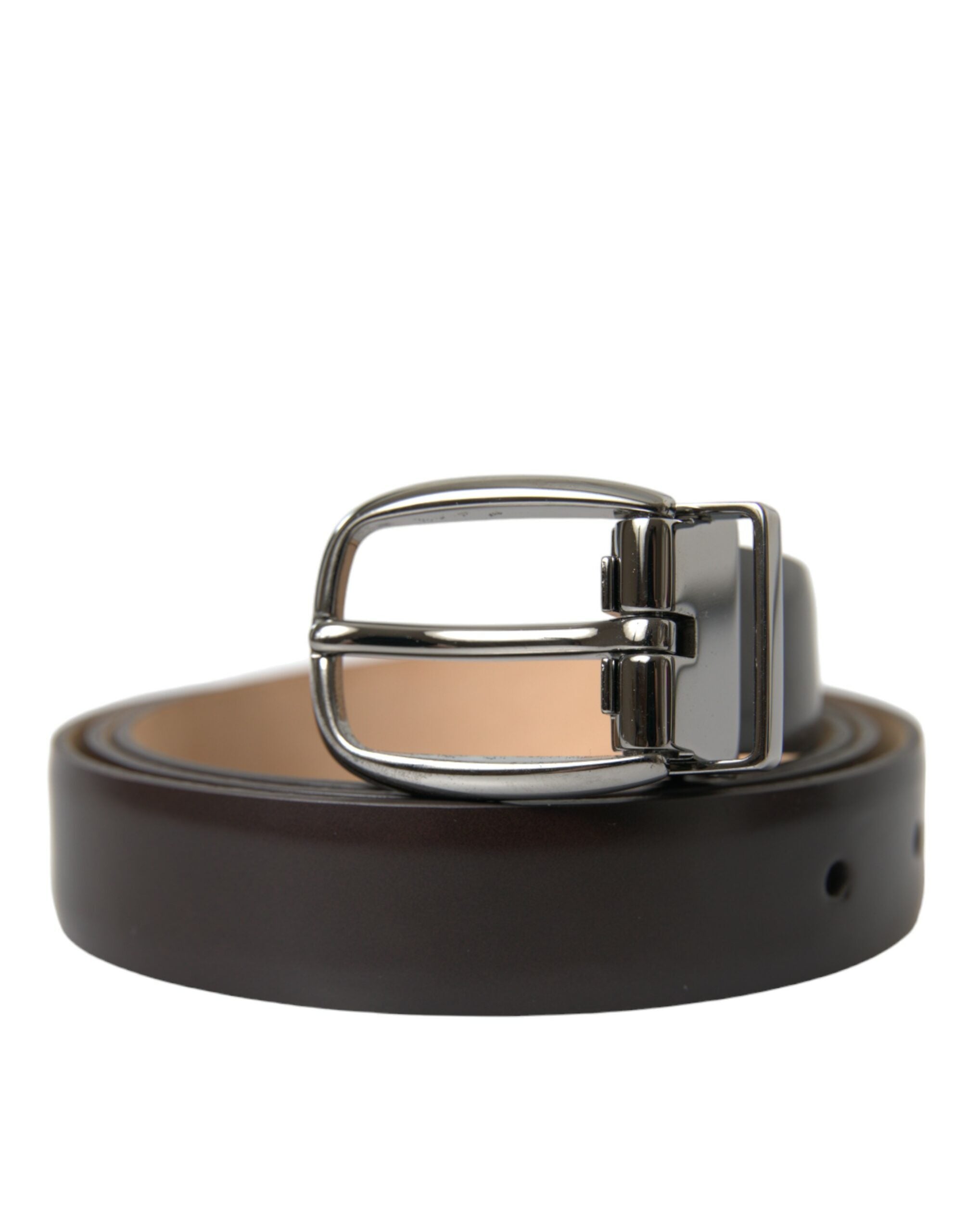Dark brown leather belt with silver metal buckle by Dolce & Gabbana, featuring a sleek and stylish design.
