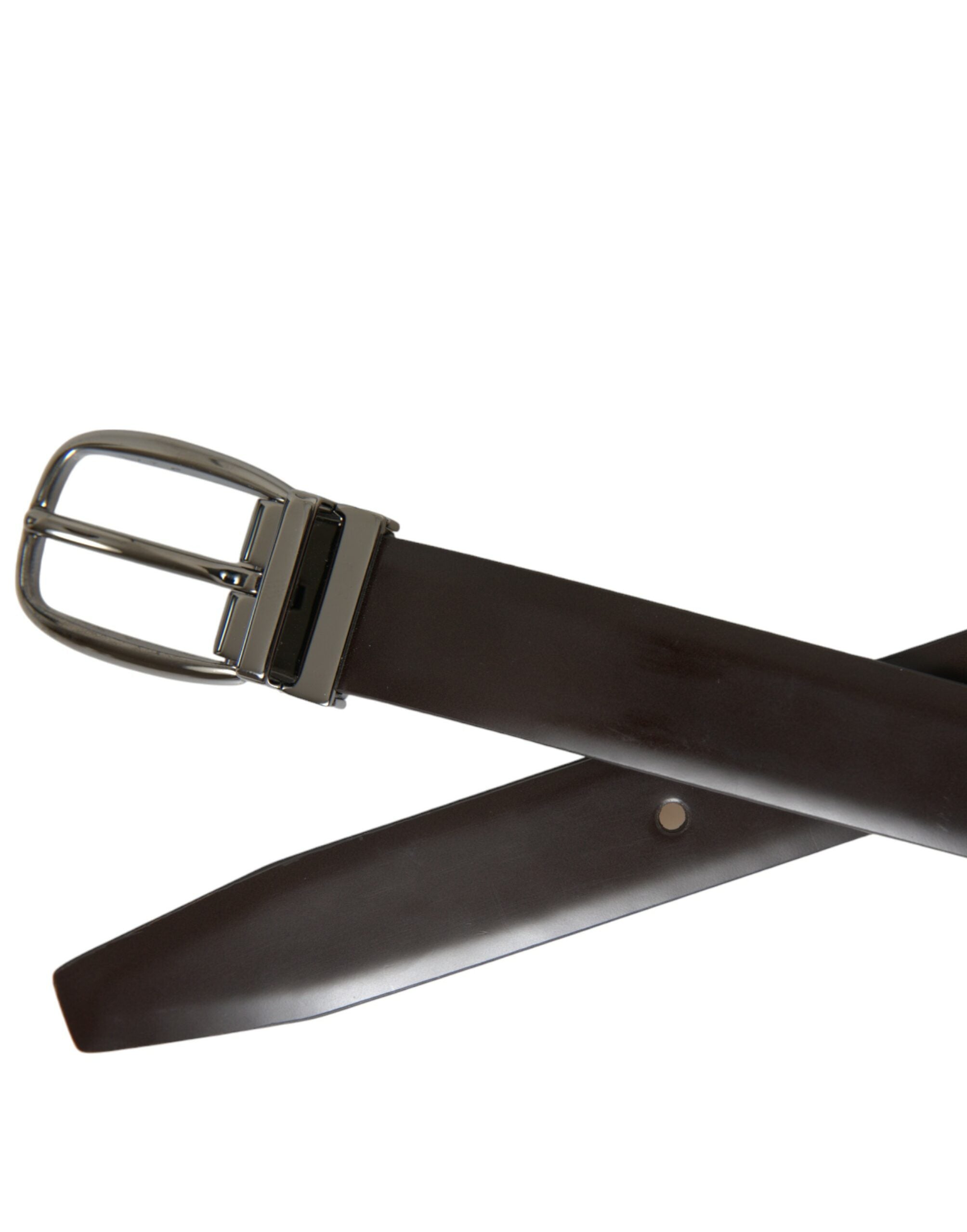 Dark brown leather belt with silver metal buckle from Dolce & Gabbana, featuring a classic design and smooth finish.
