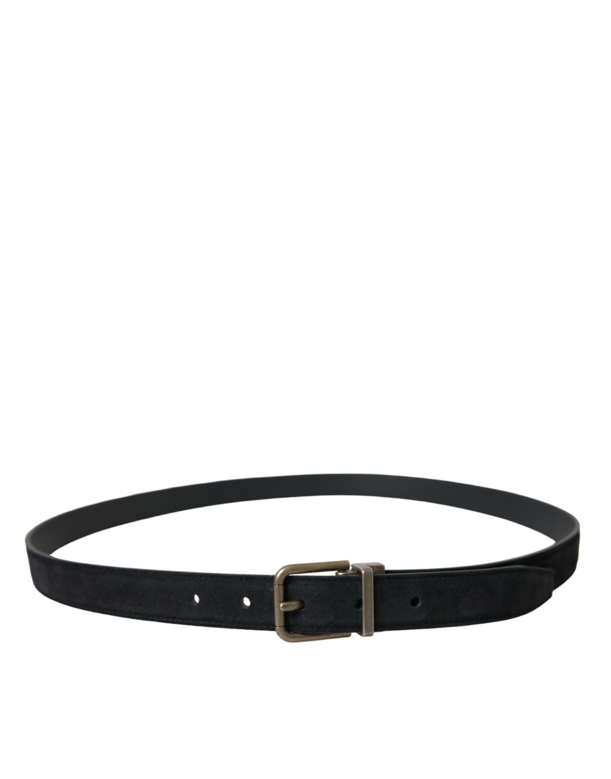 Black suede leather belt with gold metal buckle, stylish accessory from Dolce & Gabbana.