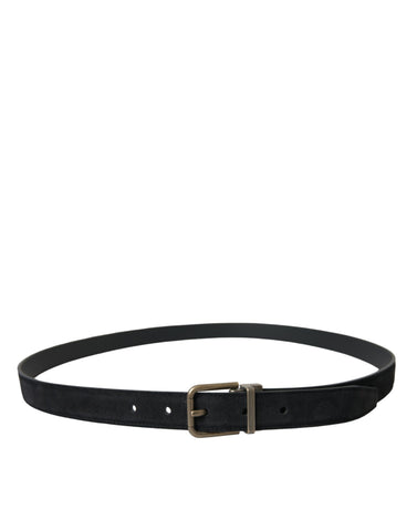 Black suede leather belt with gold metal buckle, stylish accessory from Dolce & Gabbana.