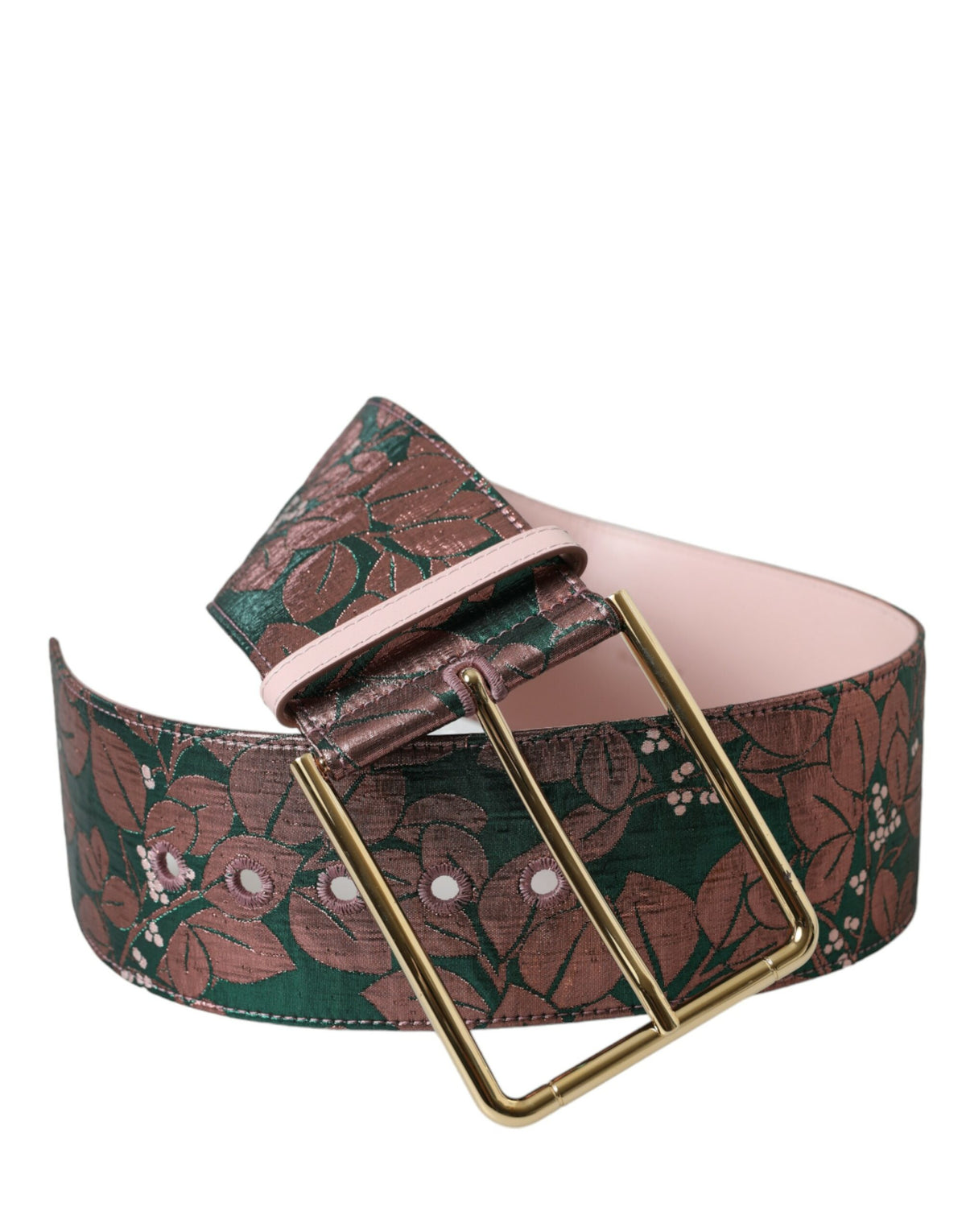 Multicolor floral jacquard lurex gold buckle belt by Dolce & Gabbana, featuring vibrant floral patterns and shiny gold buckle detail.