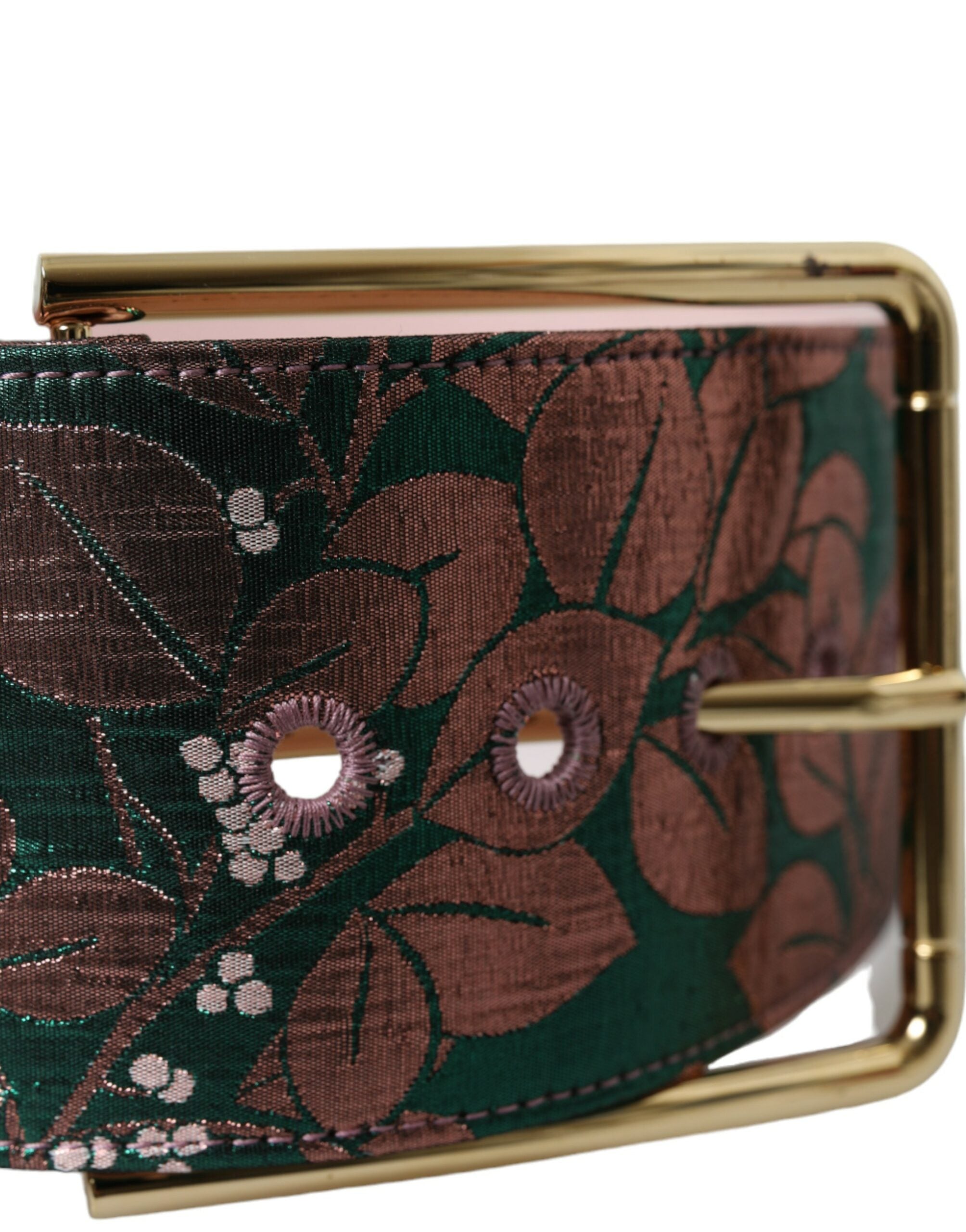 Multicolor floral Jacquard Lurex gold buckle belt by Dolce & Gabbana, featuring vibrant floral patterns and a shiny gold buckle.