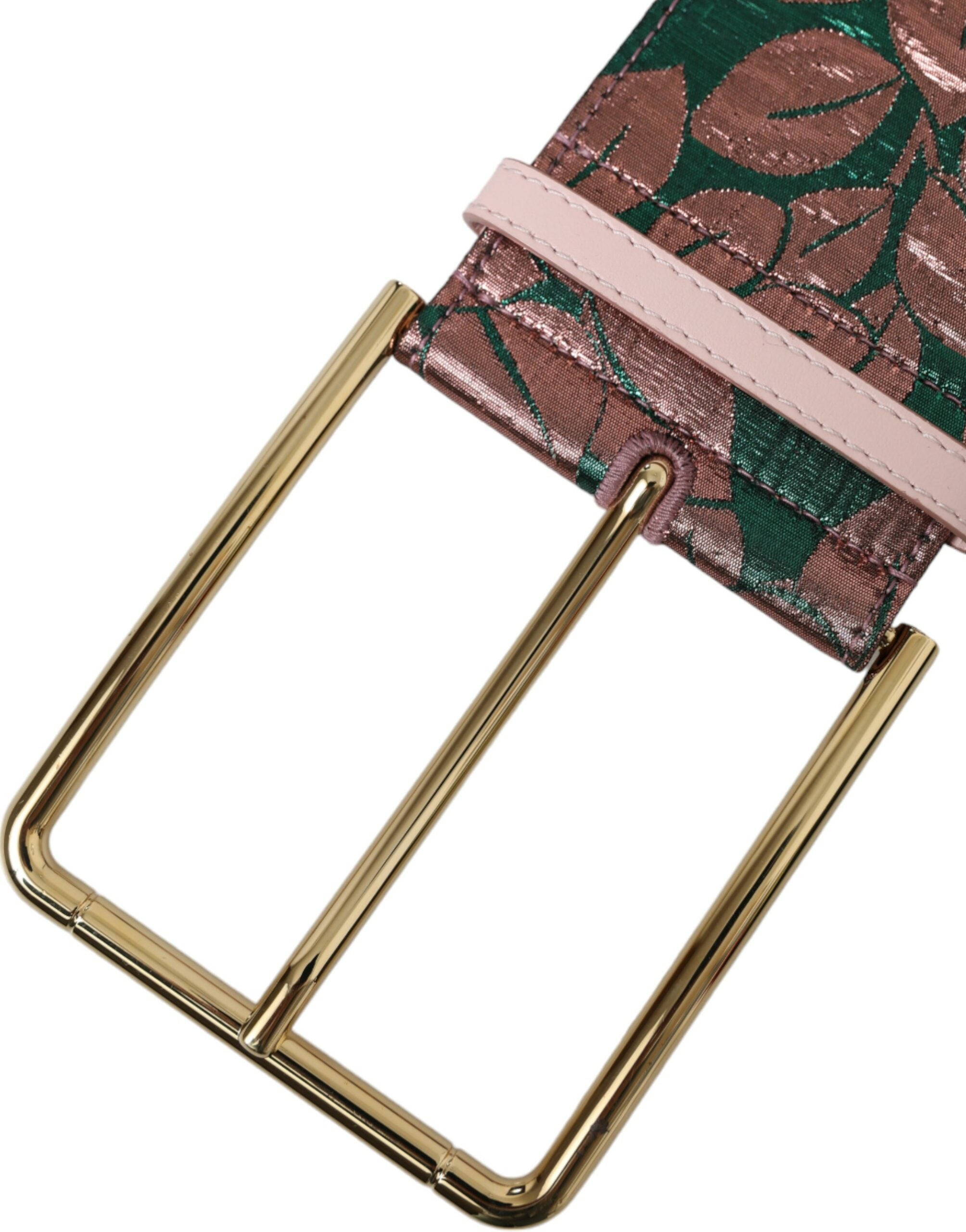 Multicolor floral jacquard lurex Dolce & Gabbana gold buckle belt with intricate floral patterns and shiny metallic accents.