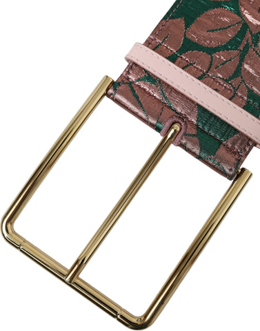 Multicolor floral jacquard lurex Dolce & Gabbana gold buckle belt with intricate floral patterns and shiny metallic accents.