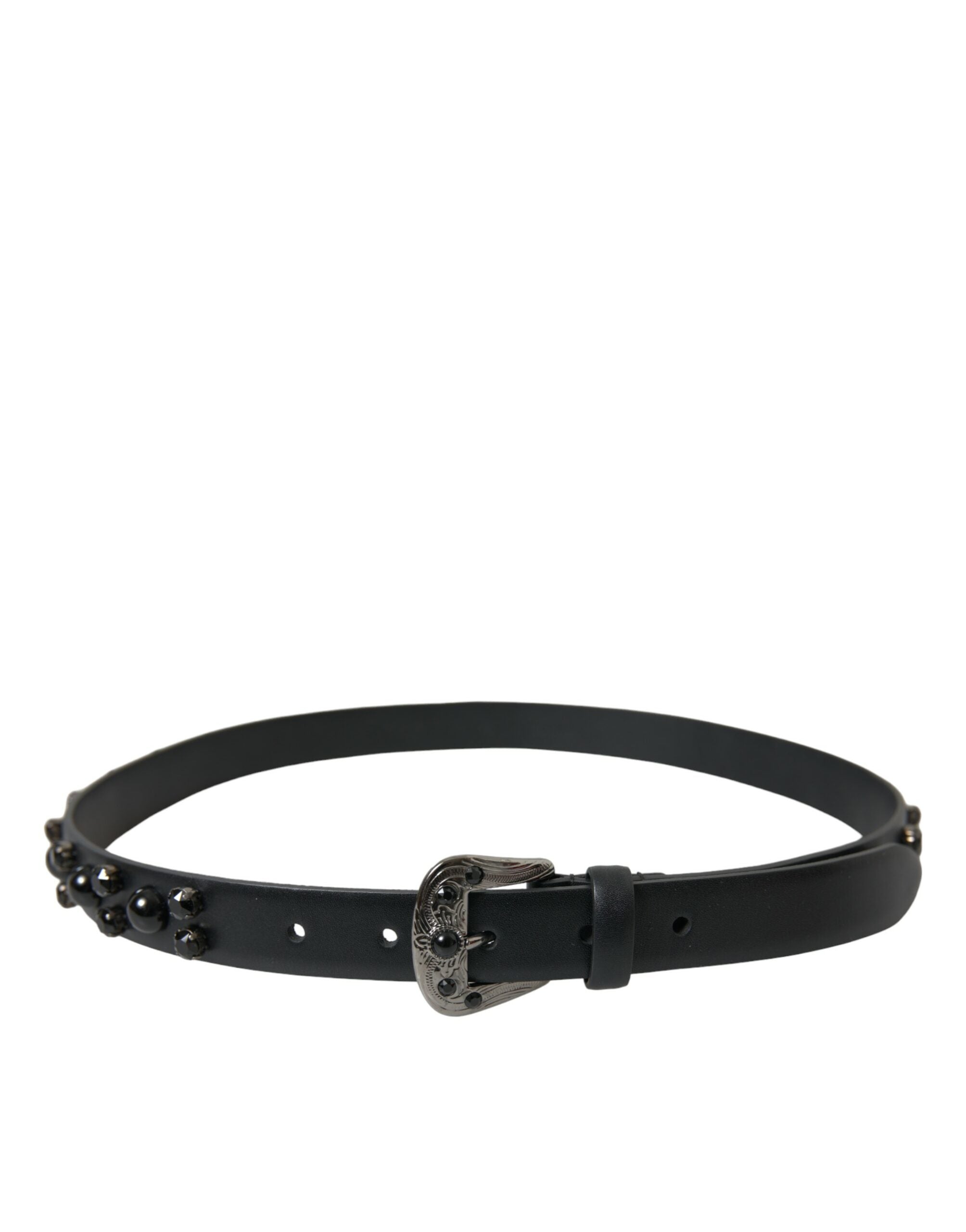 Black embellished leather belt with engraved buckle from Dolce & Gabbana, featuring detailed decorative accents and a sleek design.