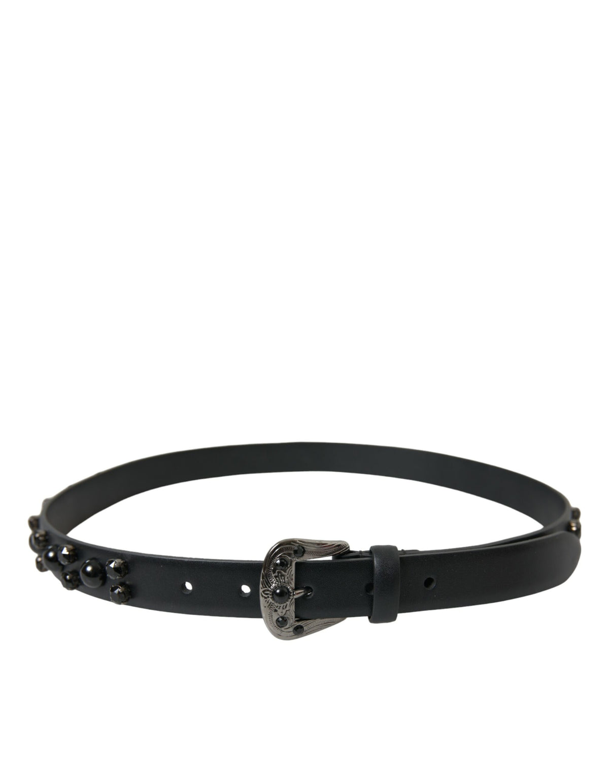 Black embellished leather belt with engraved buckle from Dolce & Gabbana, featuring detailed decorative accents and a sleek design.