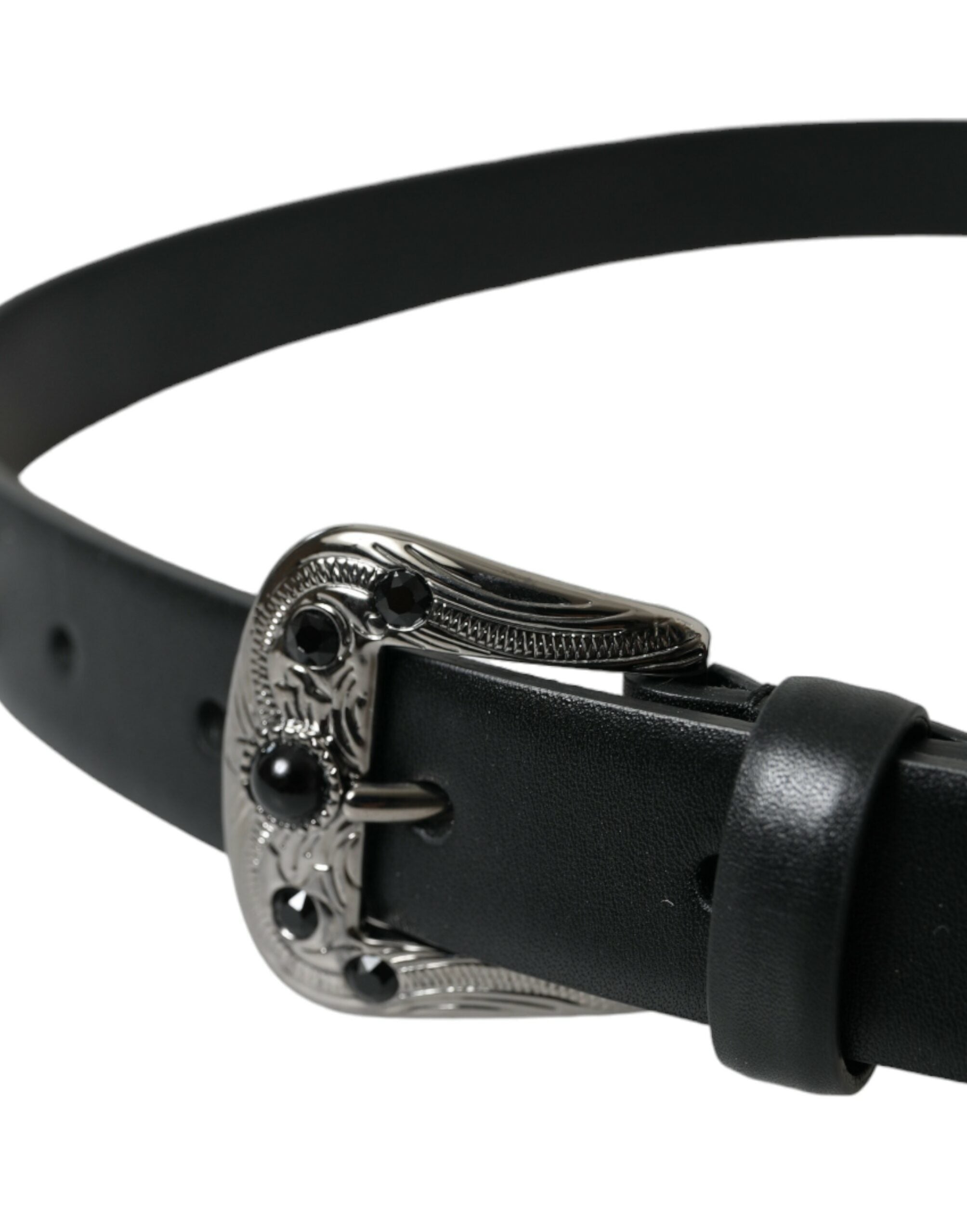 Black leather belt with embellished engraved buckle by Dolce & Gabbana, featuring intricate detailing and stylish design.