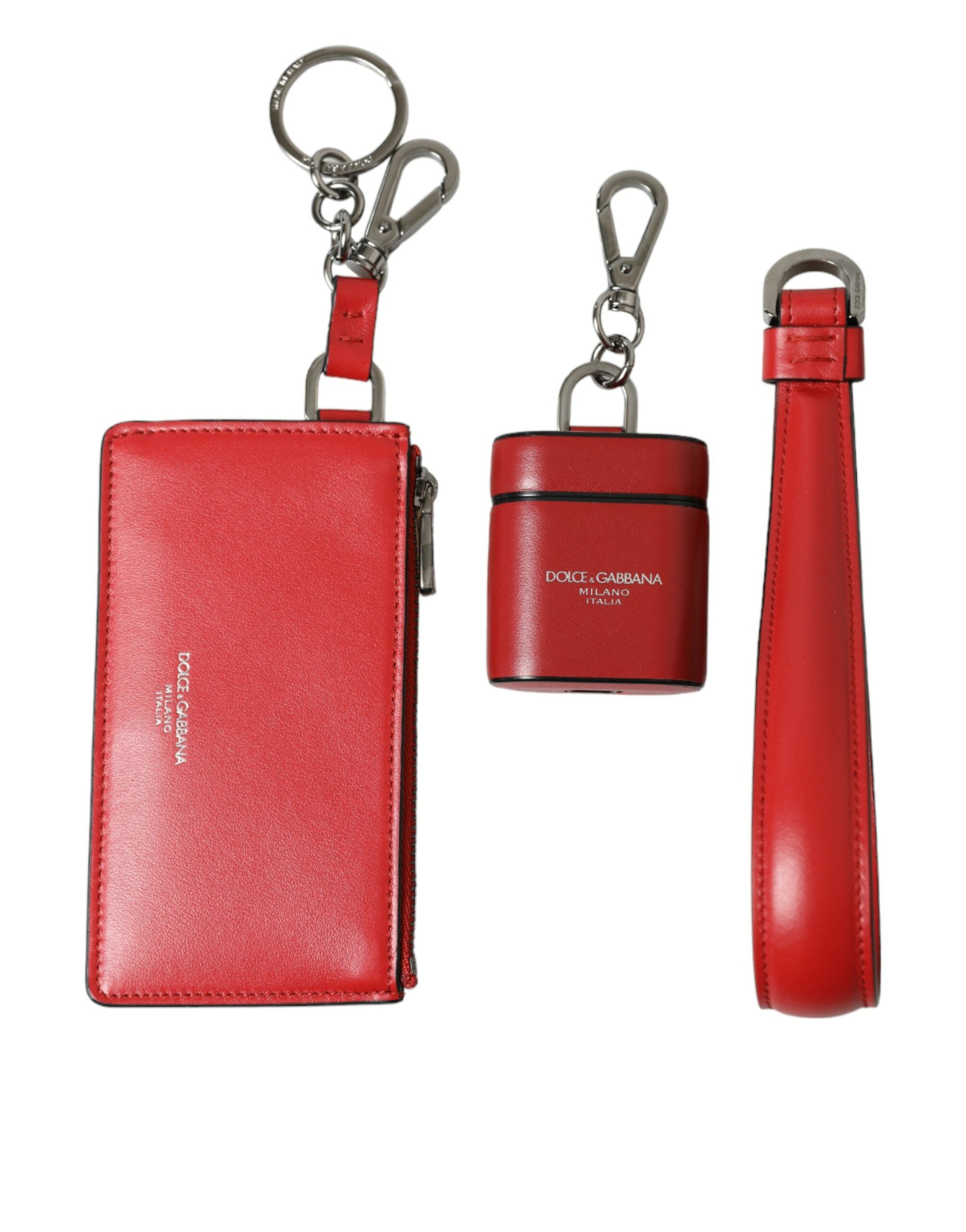 Red leather AirPods case with silver metal logo strap pouch by Dolce & Gabbana, featuring a sleek and stylish design.