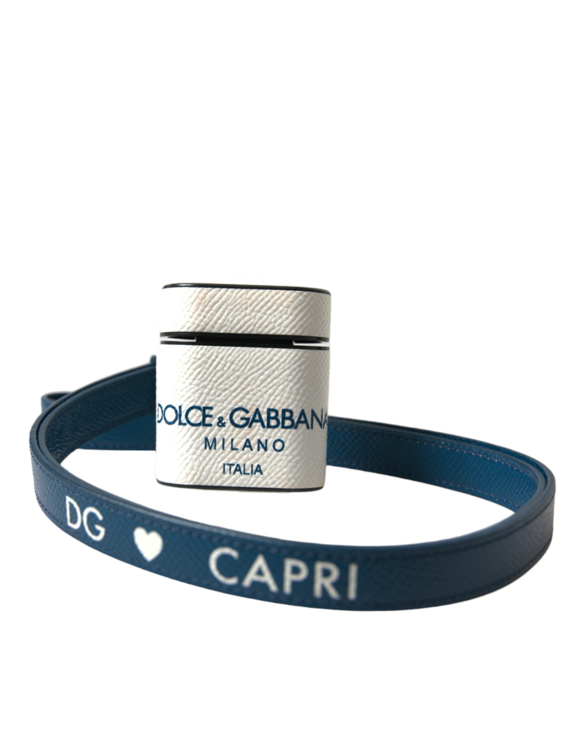 White and blue calf leather AirPods case with Dolce & Gabbana logo print and strap, featuring a stylish, compact design.