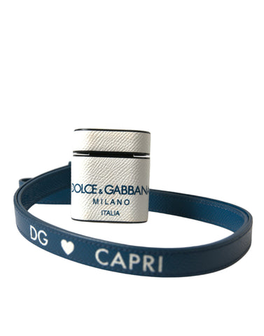 White and blue calf leather AirPods case with Dolce & Gabbana logo print and strap, featuring a stylish, compact design.