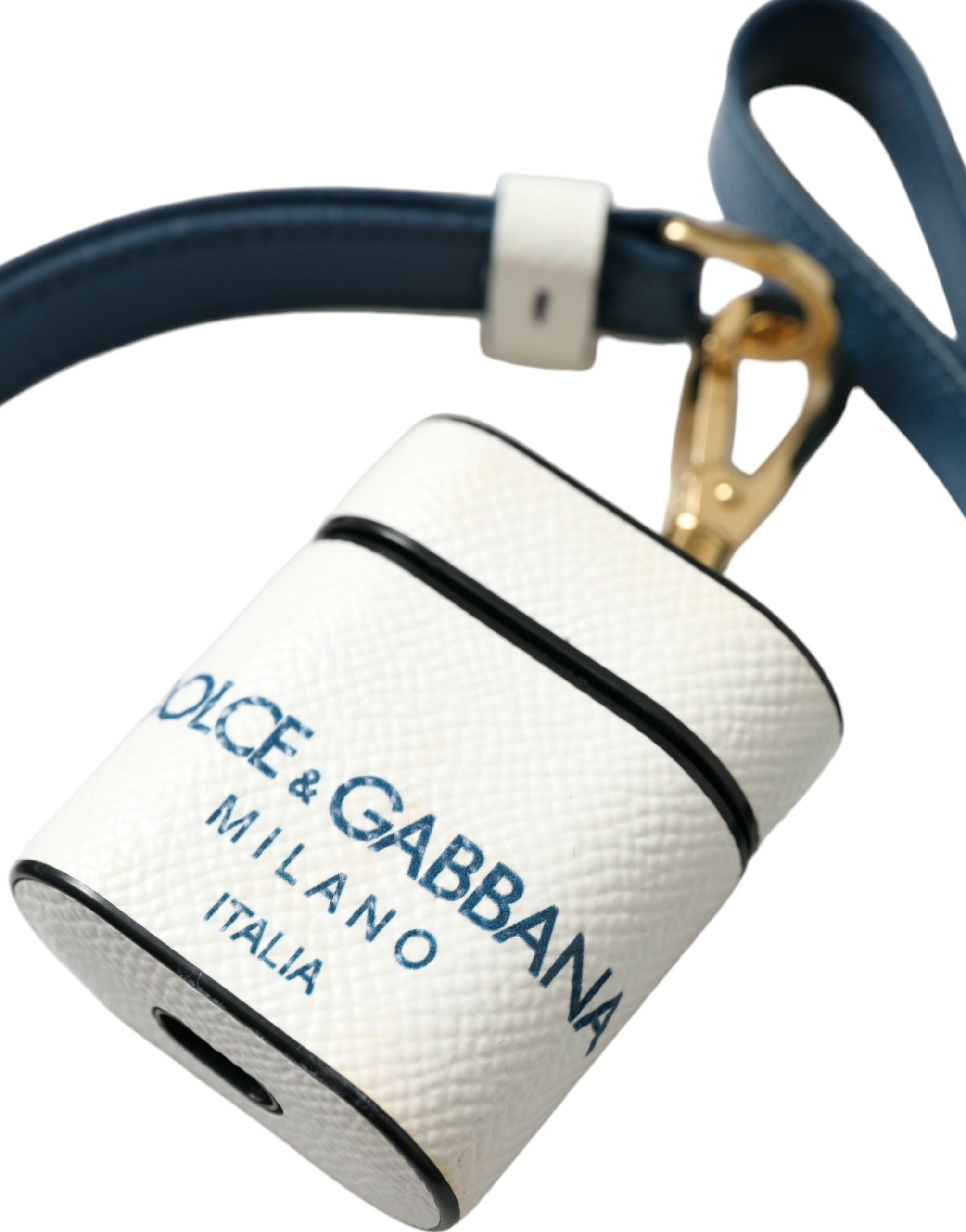 White and blue calf leather AirPods case with Dolce & Gabbana logo print and strap for secure carrying.