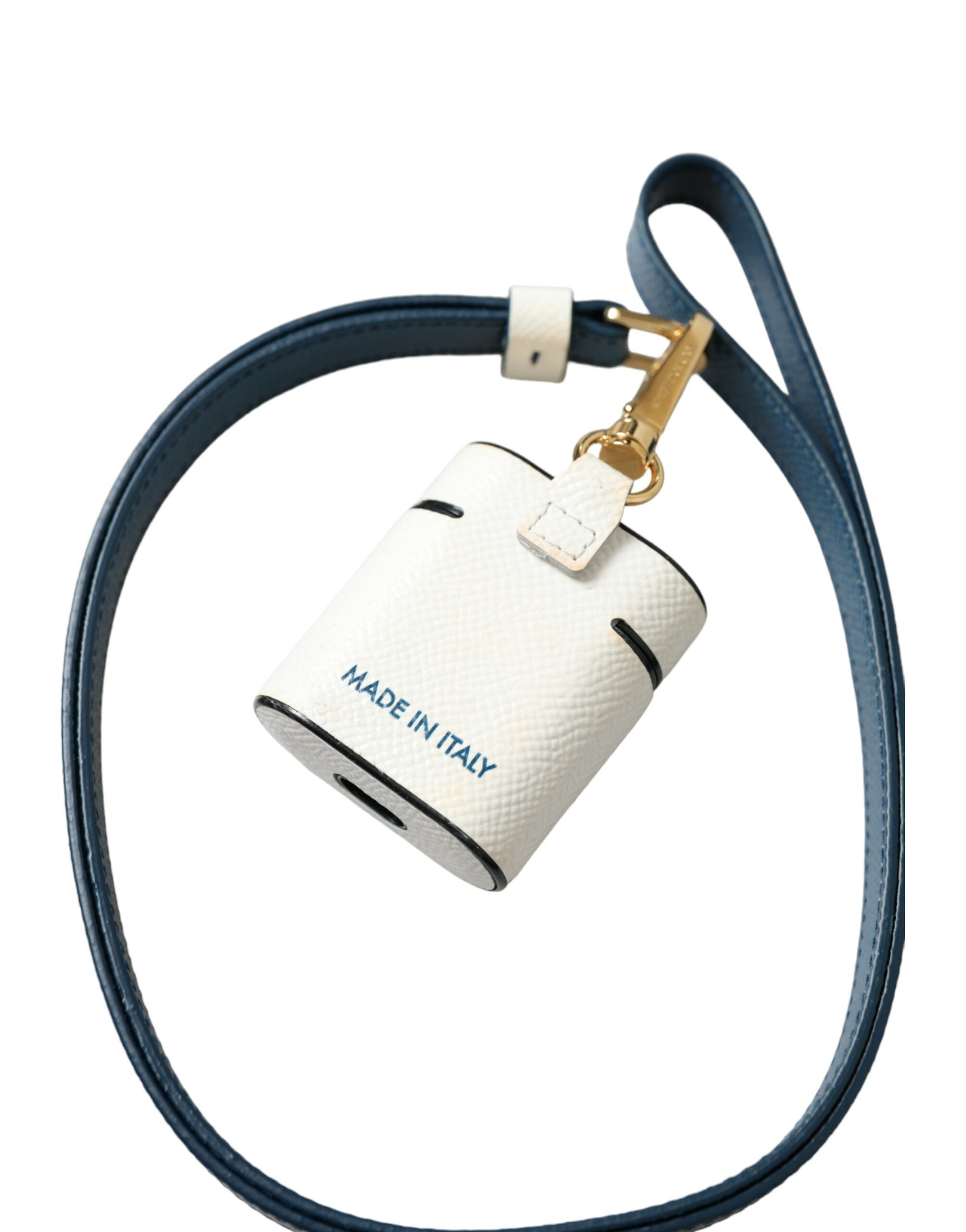 White and blue calf leather AirPods case with Dolce & Gabbana logo print and strap, stylish accessory for wireless earbuds.