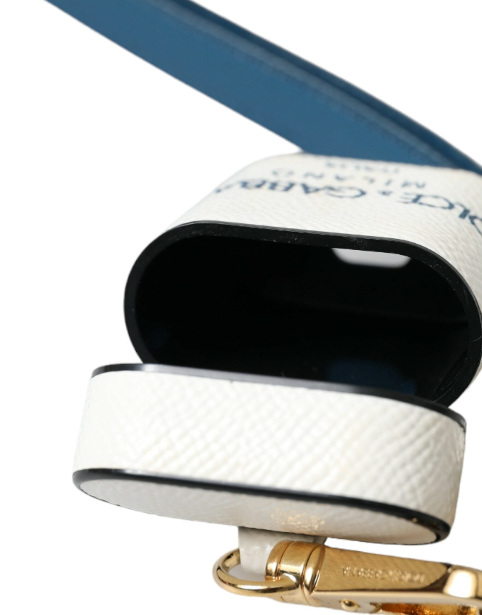 White and blue calf leather AirPods case with Dolce & Gabbana logo print and strap, stylish and protective accessory.