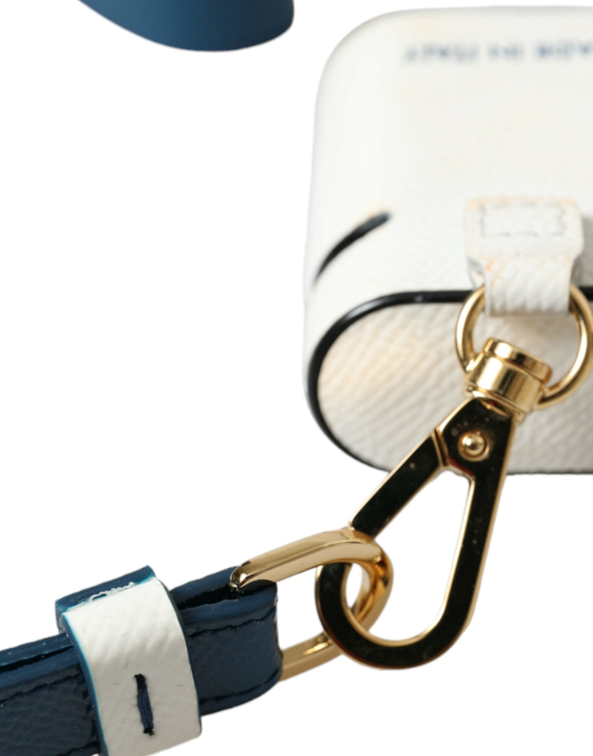 White and blue calf leather AirPods case with Dolce & Gabbana logo print and strap, designed to protect and stylishly hold AirPods.