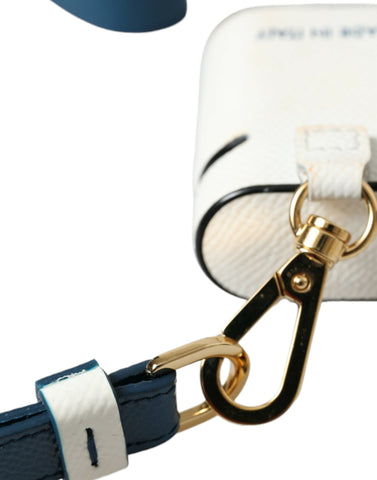 White and blue calf leather AirPods case with Dolce & Gabbana logo print and strap, designed to protect and stylishly hold AirPods.