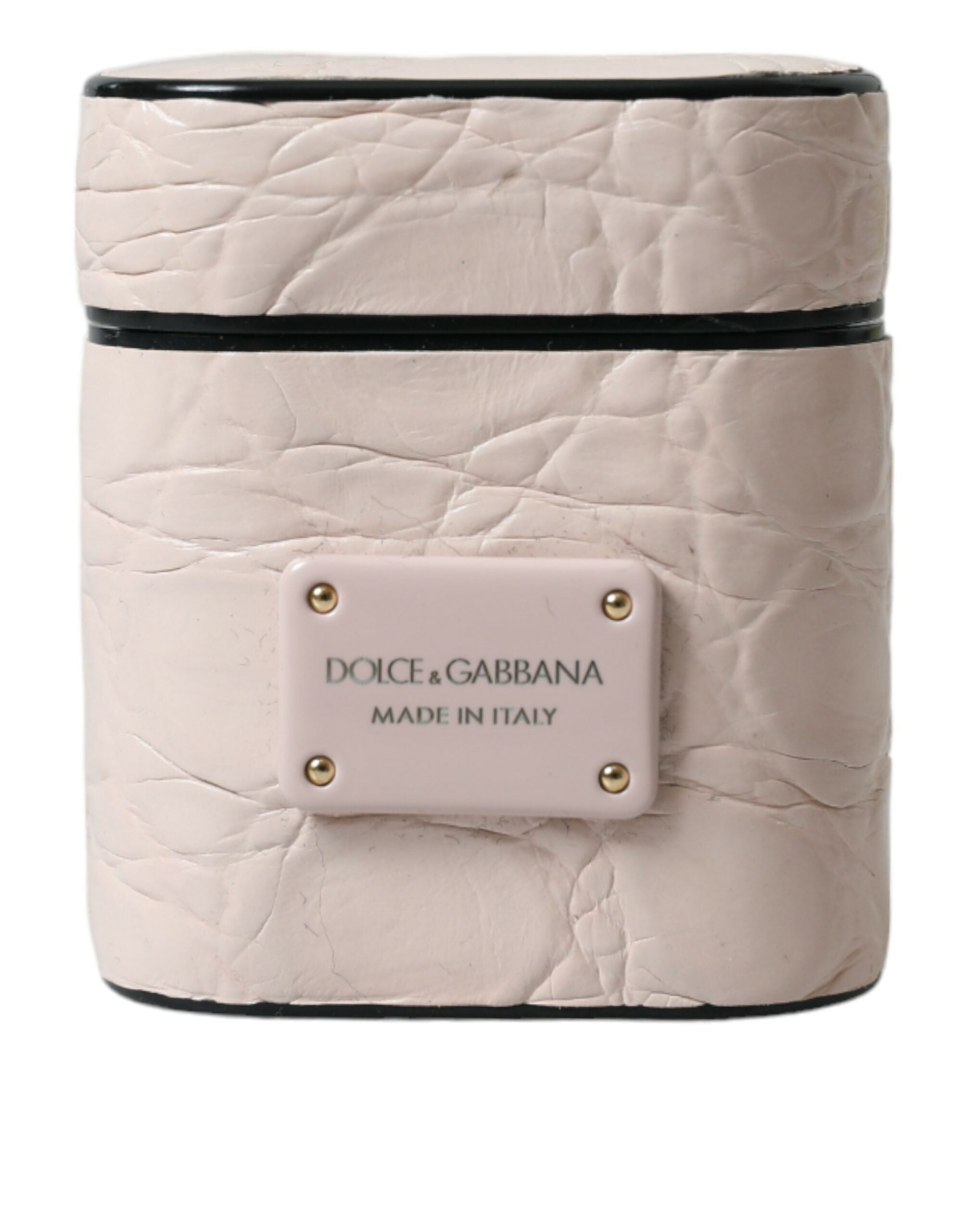 Light pink calf leather AirPods case with metal logo plaque by Dolce & Gabbana, featuring a sleek, stylish protective cover.