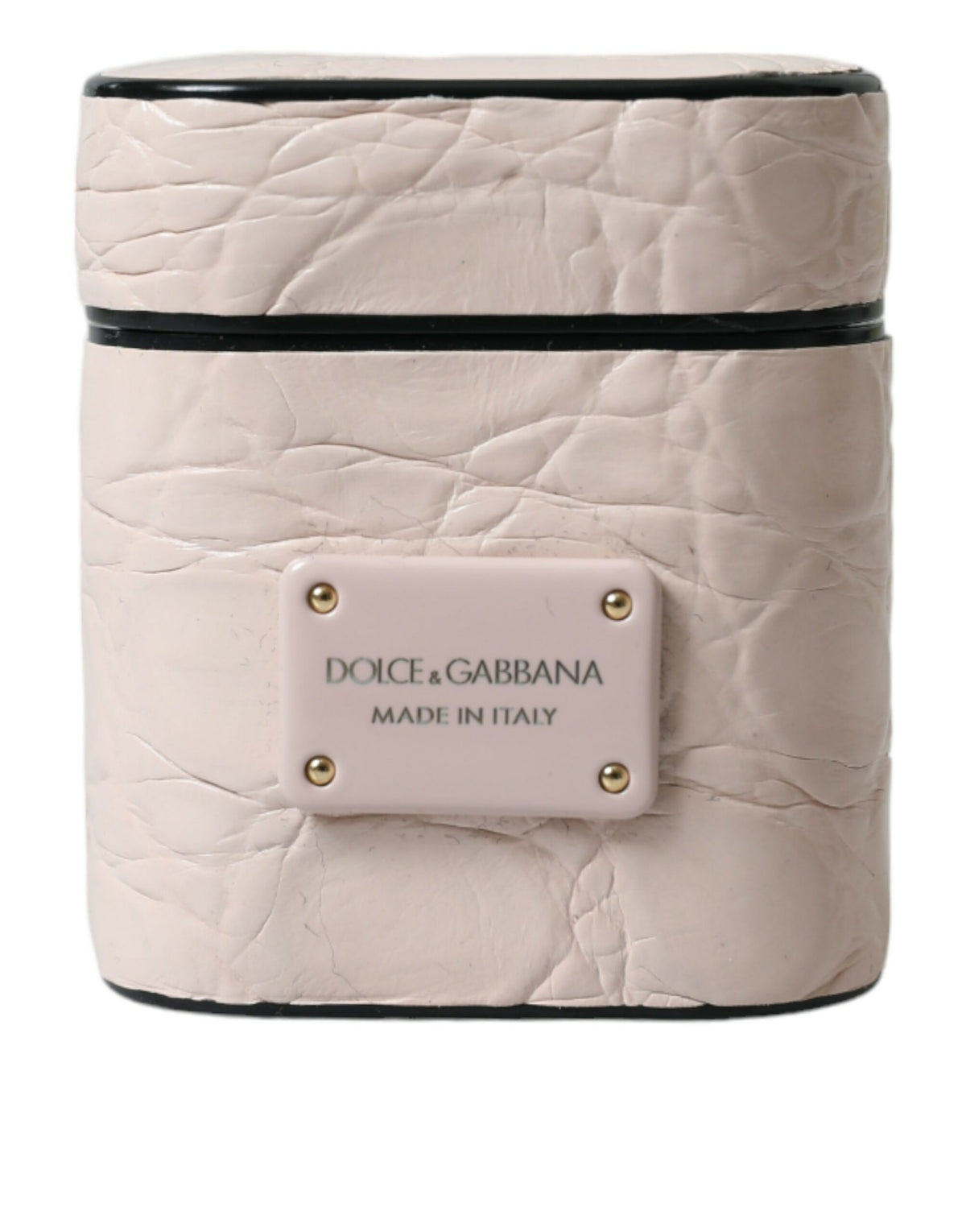 Light pink calf leather AirPods case with metal logo plaque by Dolce & Gabbana, featuring a sleek, stylish protective cover.
