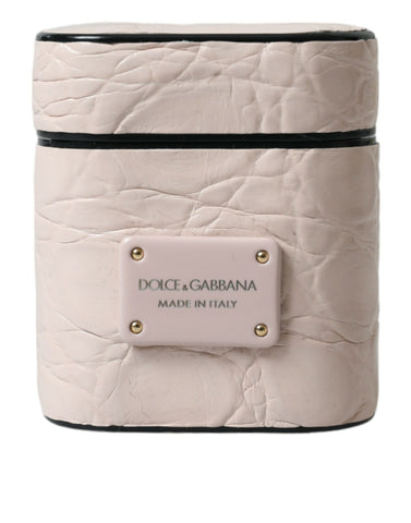Light pink calf leather AirPods case with metal logo plaque by Dolce & Gabbana, featuring a sleek, stylish protective cover.