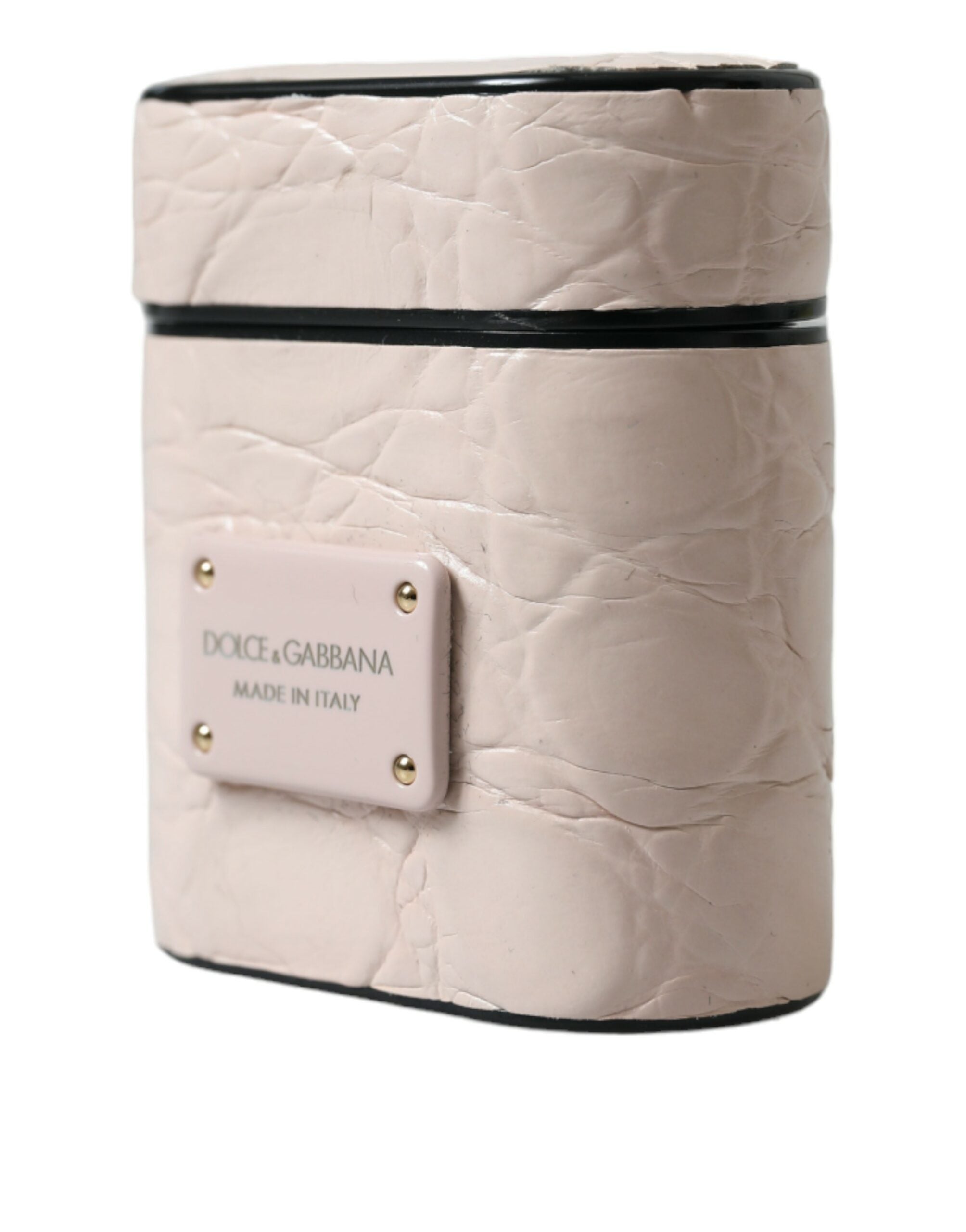 Light pink calf leather AirPods case with metal logo plaque by Dolce & Gabbana, featuring a sleek, compact design.