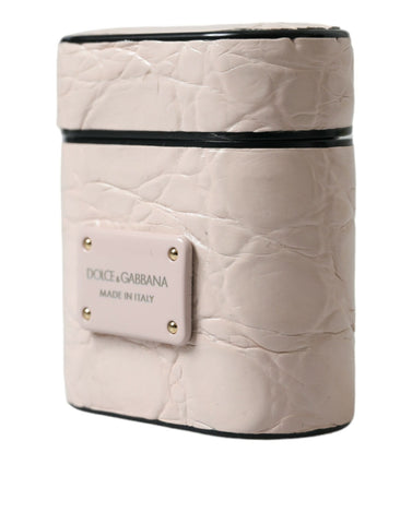 Light pink calf leather AirPods case with metal logo plaque by Dolce & Gabbana, featuring a sleek, compact design.