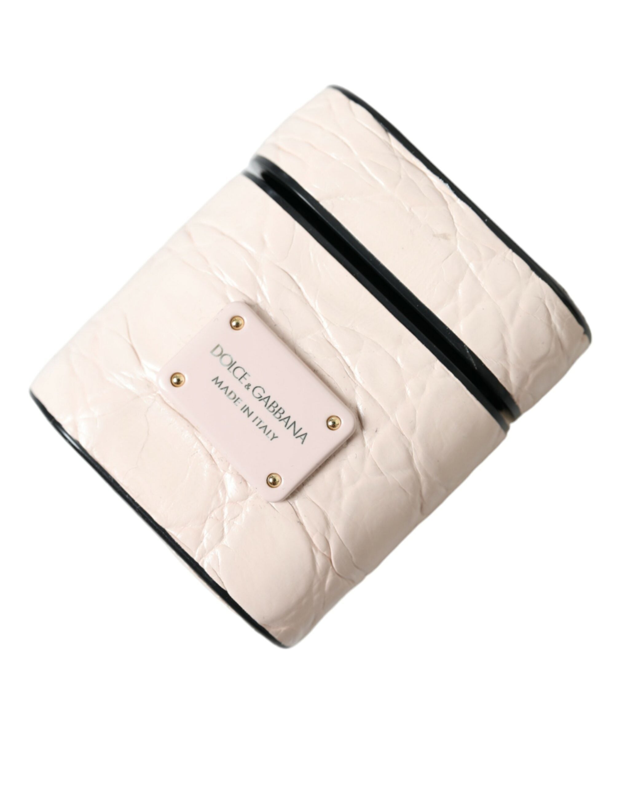 Light pink calf leather AirPods case with metal logo plaque by Dolce & Gabbana, showcasing a sleek, elegant design.