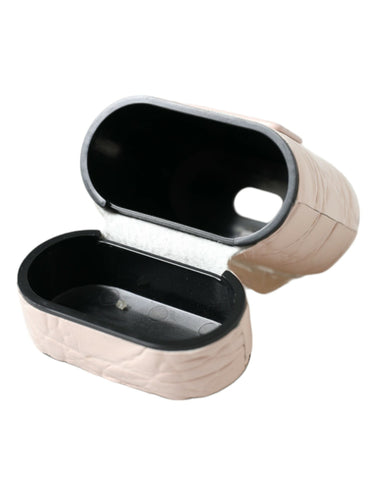 Light pink calf leather AirPods case with metal logo plaque by Dolce & Gabbana, showcasing a sleek, stylish design.