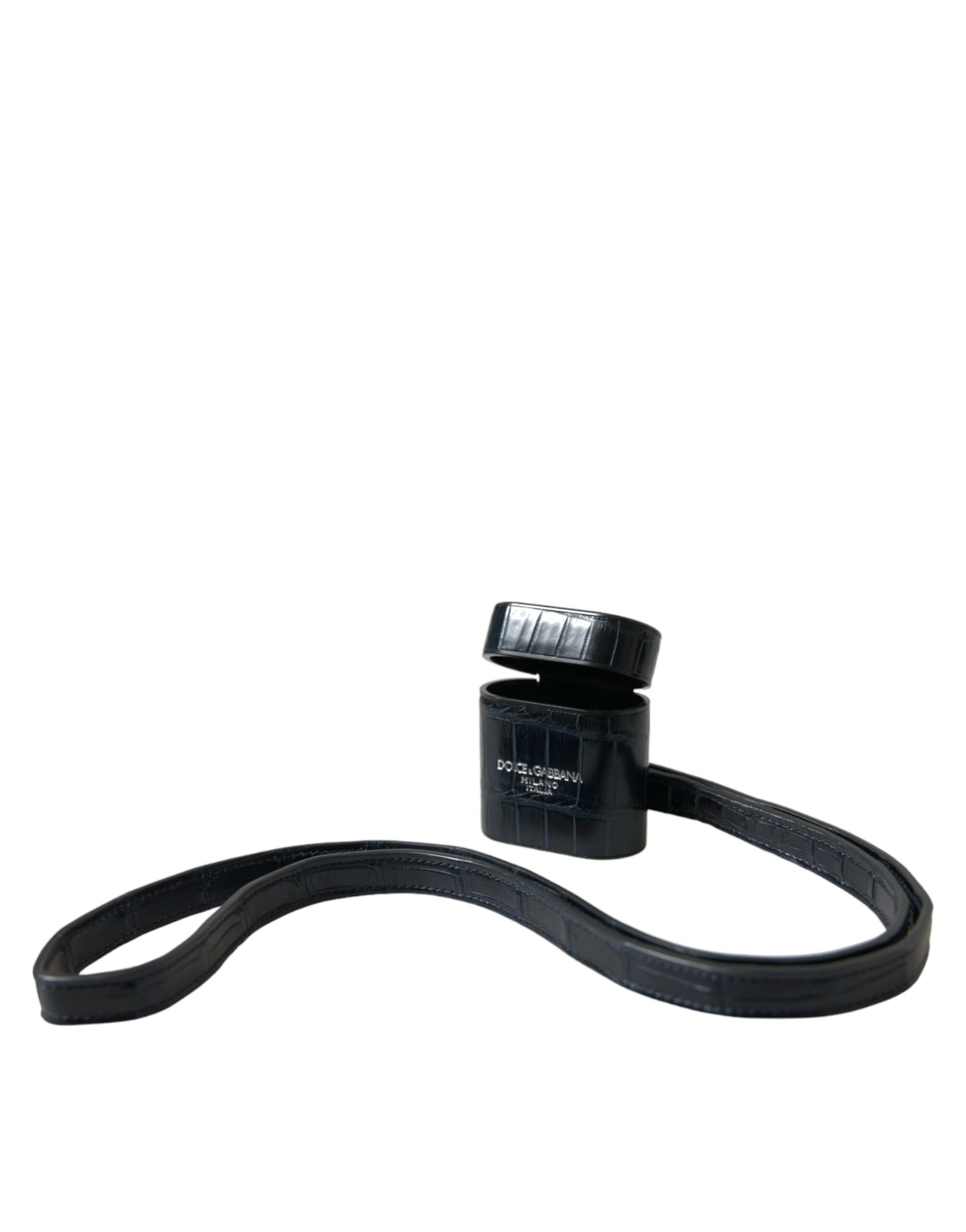 Black crocodile leather AirPods case with silver metal logo from Dolce & Gabbana, featuring a sleek, textured design.