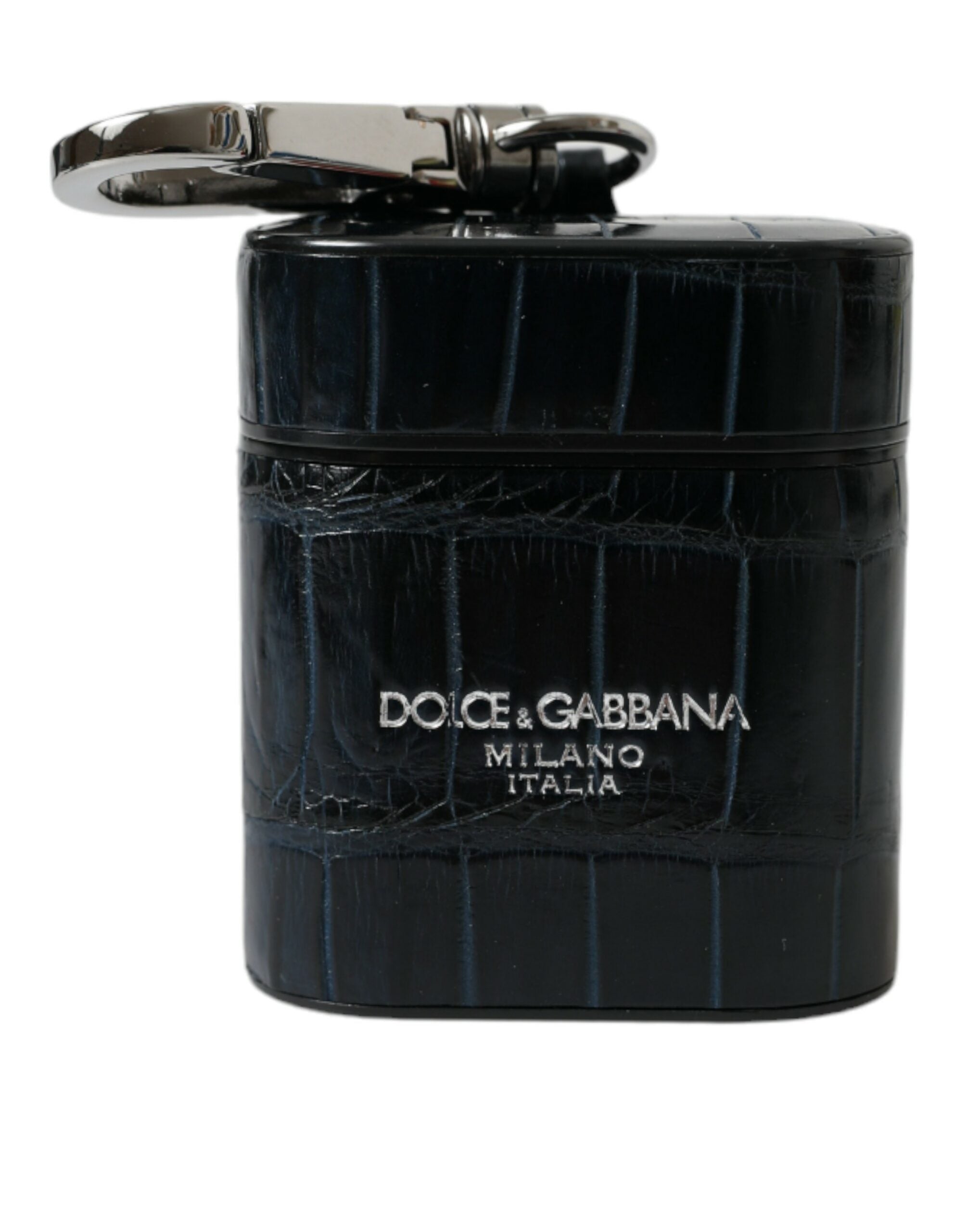 Black crocodile leather AirPods case with silver metal logo by Dolce & Gabbana, showcasing textured crocodile pattern and sleek design.