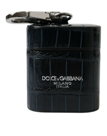 Black crocodile leather AirPods case with silver metal logo by Dolce & Gabbana, showcasing textured crocodile pattern and sleek design.