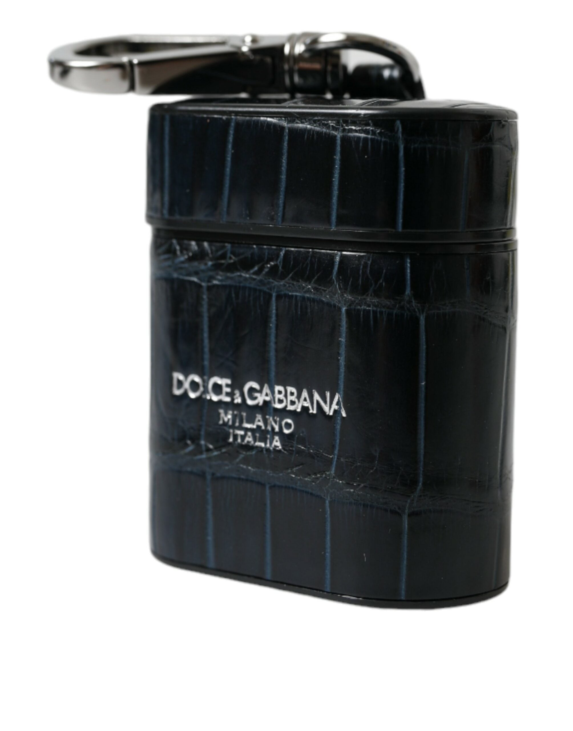 Black crocodile leather AirPods case with silver metal logo from Dolce & Gabbana, showcasing a sleek, luxurious protective accessory.