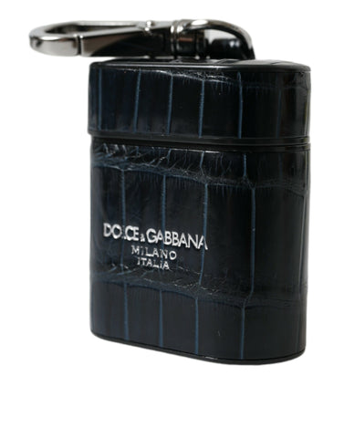 Black crocodile leather AirPods case with silver metal logo from Dolce & Gabbana, showcasing a sleek, luxurious protective accessory.