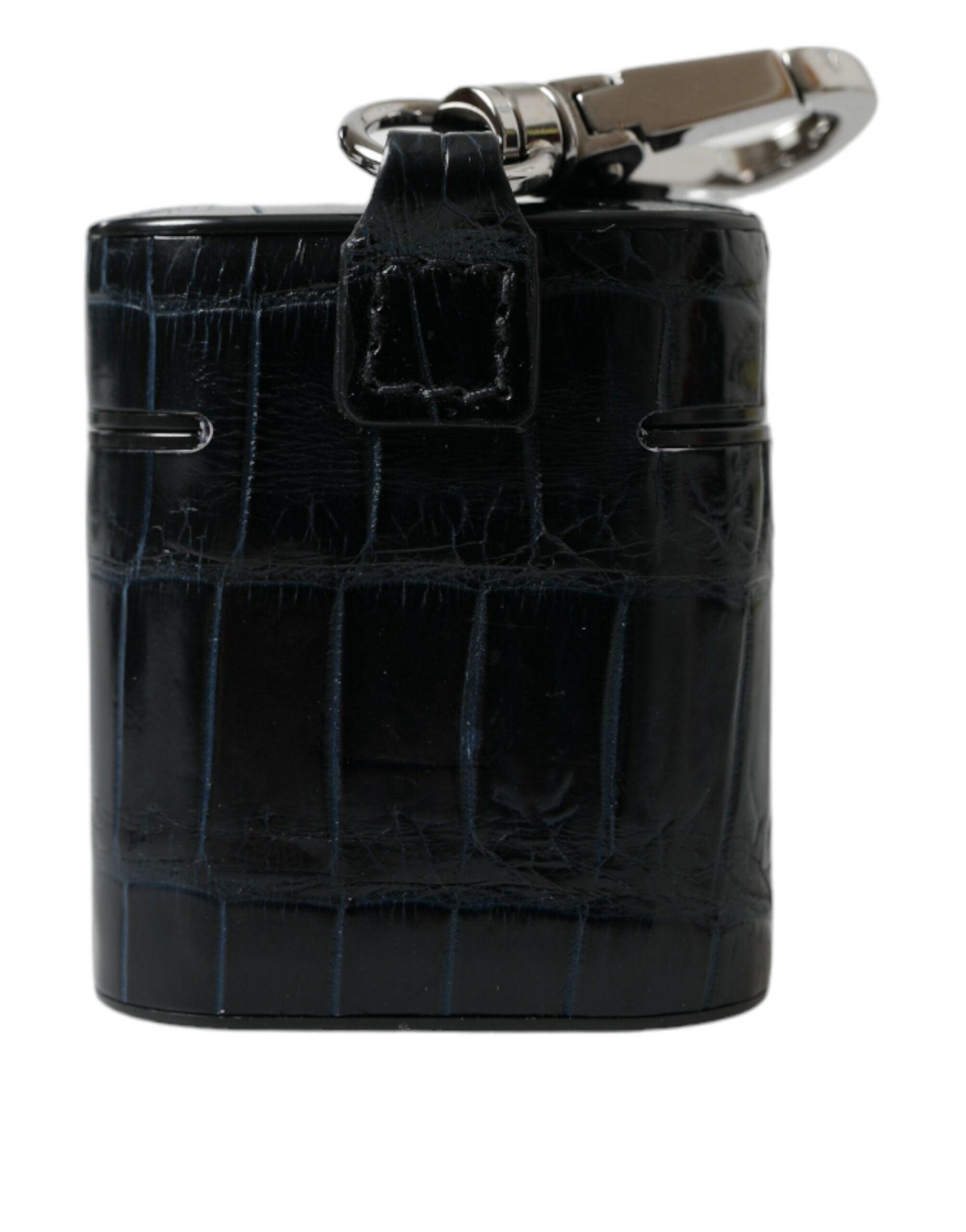 Black crocodile leather AirPods case with silver metal logo from Dolce & Gabbana, showcasing a sleek, luxurious accessory.