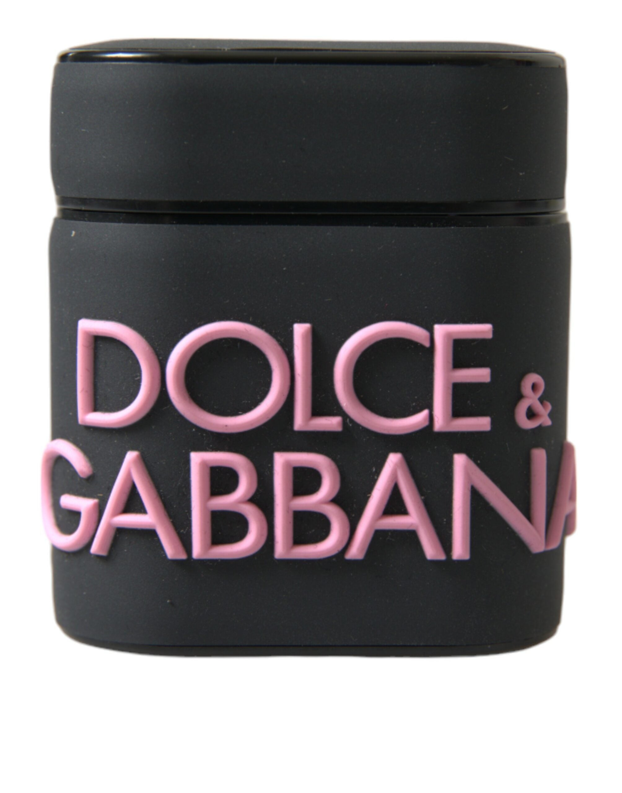 Black silicone AirPods case with embossed Dolce & Gabbana logo, featuring pink accents and a sleek, protective design.